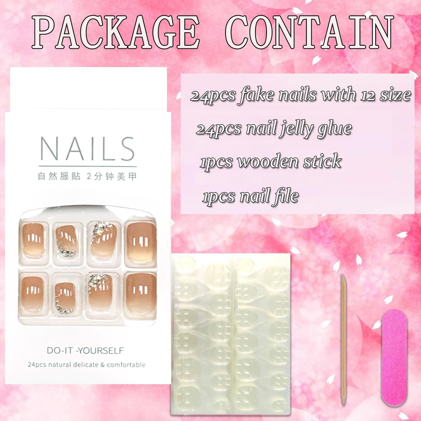 Vezocim Press on Nails Short Square-24Pcs Glossy Full Cover Acrylic Rhinestone False Nails with Gradient Designs Artificial Extra Short Square Fake Nails with Glue Stick on Fingernails for Women Girls