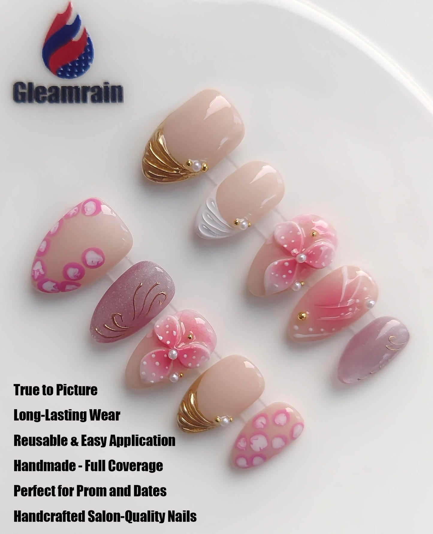 Gleamrain Handmade Press on Nails Short Almond for Women,Handcrafted Floral Design Reusable Full Cover Fake Nails for Daily Wear Party Birthday P204