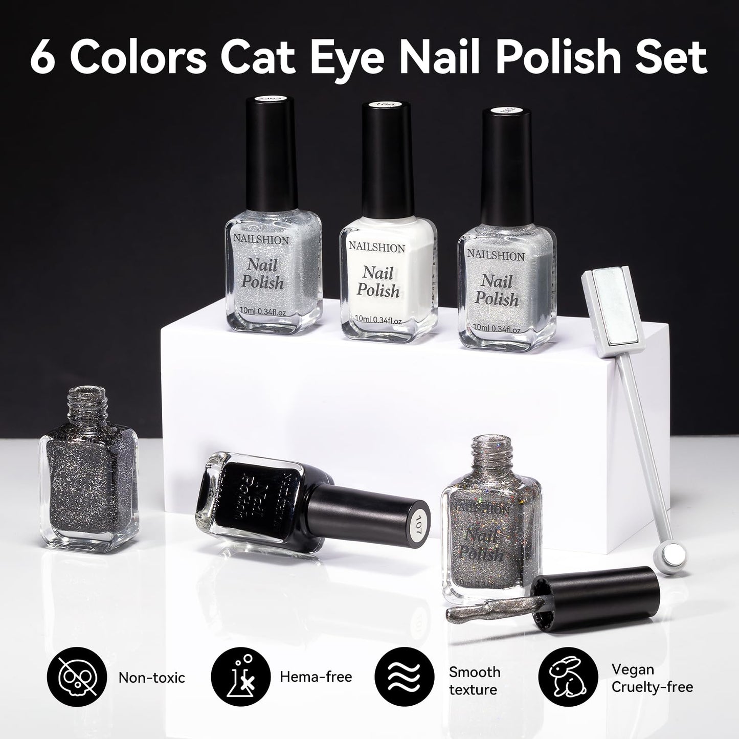 Nailshion Nail Polish Set 6 Colors Black White Silver Gray Sparkle Cat Eye Glitter Shimmer Nail Polish Kit with Magnet, Quick Air Dry Non Gel, Nail Art DIY Home Travel Manicure Gift for Women Girls