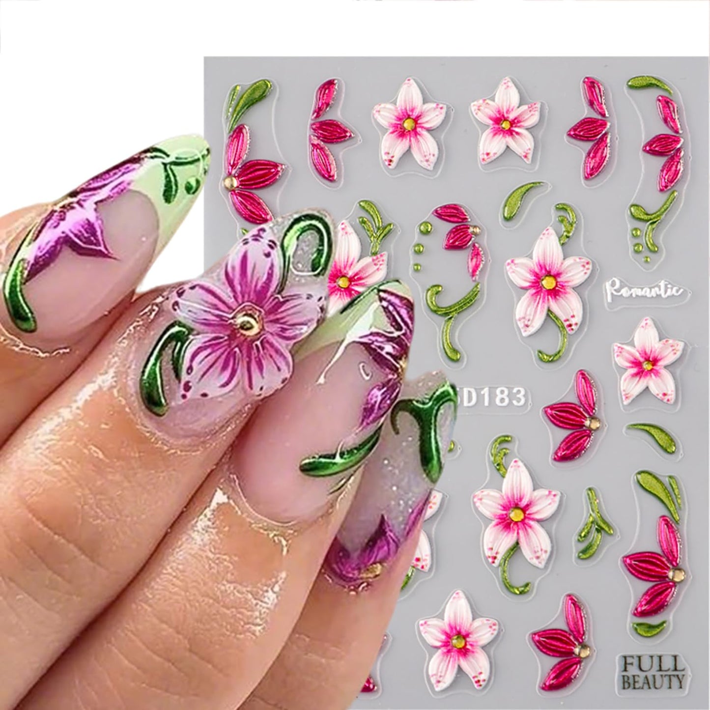 CJDLTS 2 Sheets 5D Flower Nail Art Stickers 5D Relief Self -Adhesive Green Vines with Gradient Flowers Nail Decals Holographic Ripple French Nails Stickers for Women Acrylic Nails Decoration Supplies