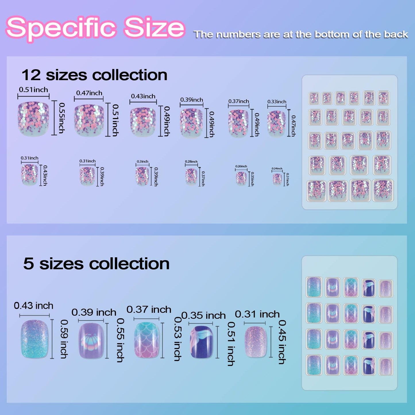 Allstarry 124 Pieces 6 pack Children Nails Press on Pre-glue Full Cover Blue Mermaid Short False Nail Kits Lovely Gift for Children Little Girls Nail Art Decoration (Glittering Ocean)