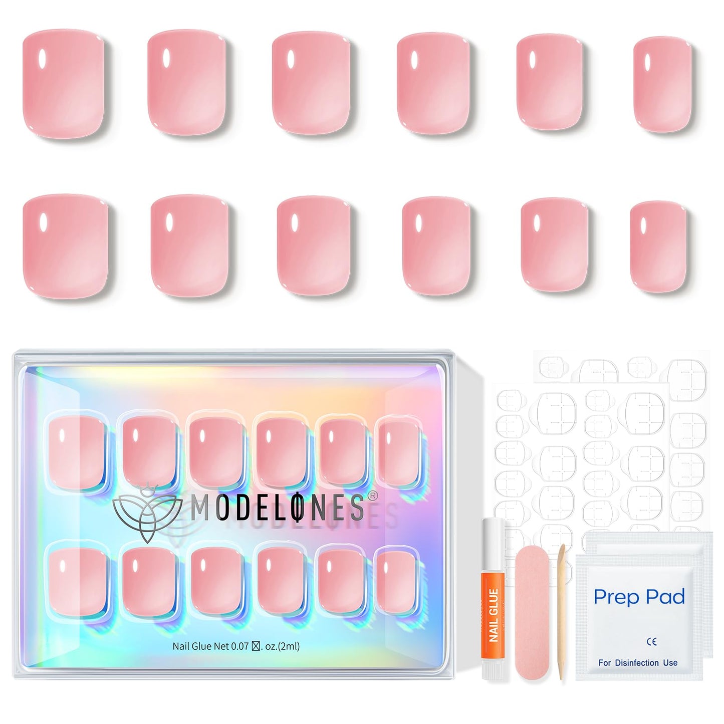 Modelones Extra Short Press on Nails, Peach Jelly Semi-Transparent Squoval Fake Nails, Reusable Nail Kit with Nail Glue Adhesive Tabs Mini Nail File, Nails Press Ons 32Pcs 16 Sizes, Women Girl Gift