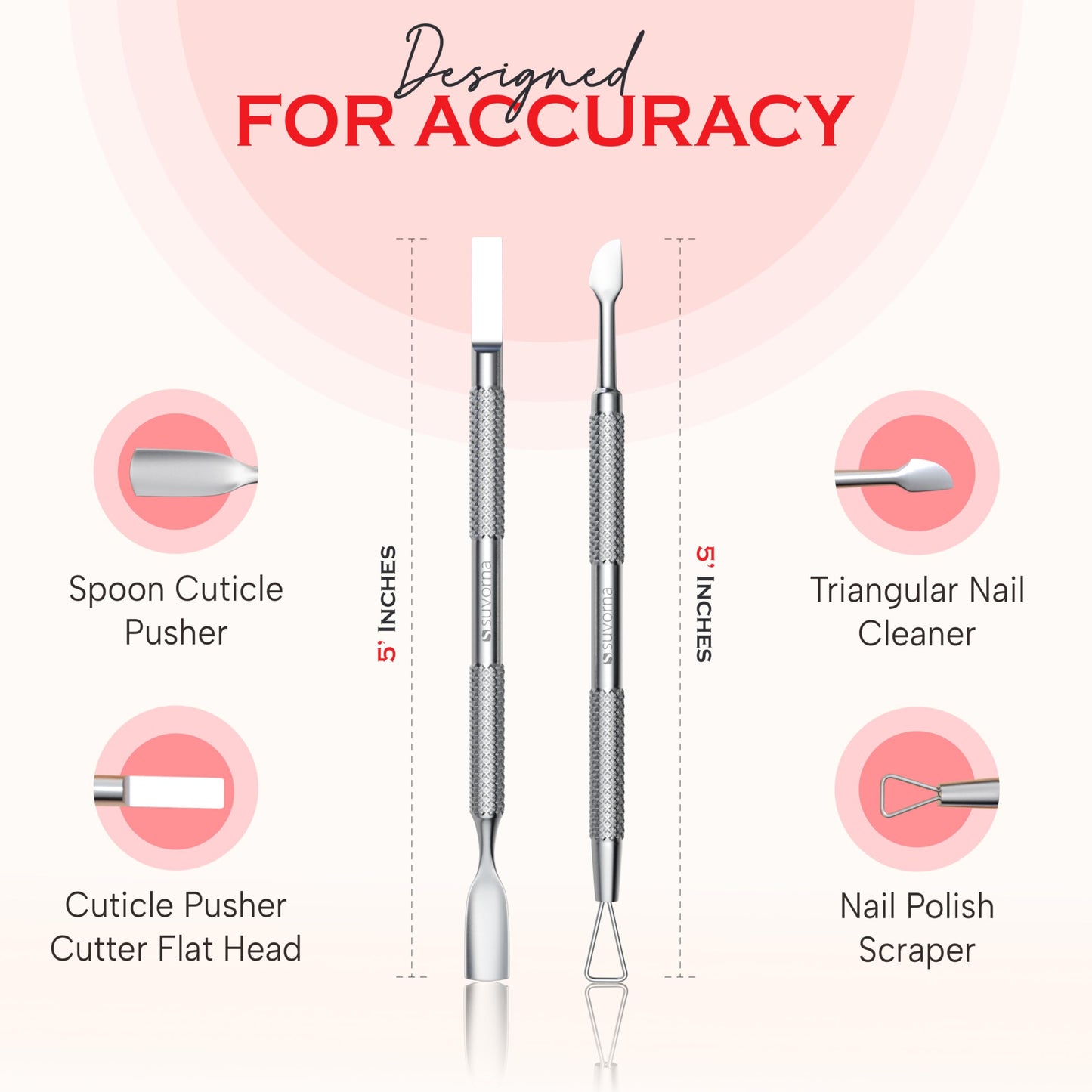 Suvorna Cuticle Nippers with Cuticle Pusher, Nail Scraper and Gel Remover – Professional Stainless Steel Cuticle Trimmer Set for Manicure - Cuticle Set for Fingernails and Dead Skin (Silver, 3 PCS)