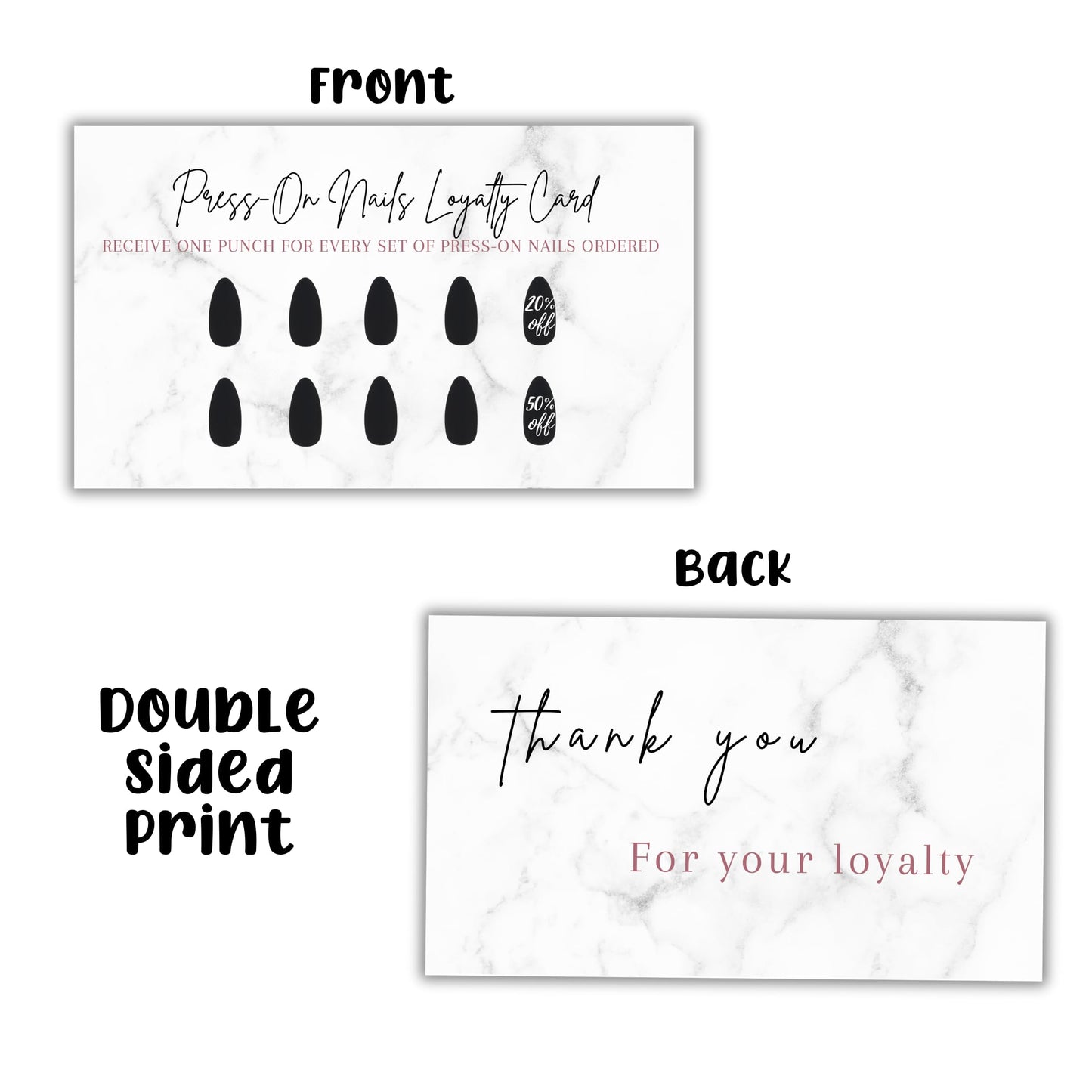 Boutique Marketing LLC Press-On Nail Loyalty Discount Cards | 50 Pack | 2x3.5 Inch inch Business Card Size | DIY Press-On Nail Kit | Marble Look with Black Nail Design,marble,black,white
