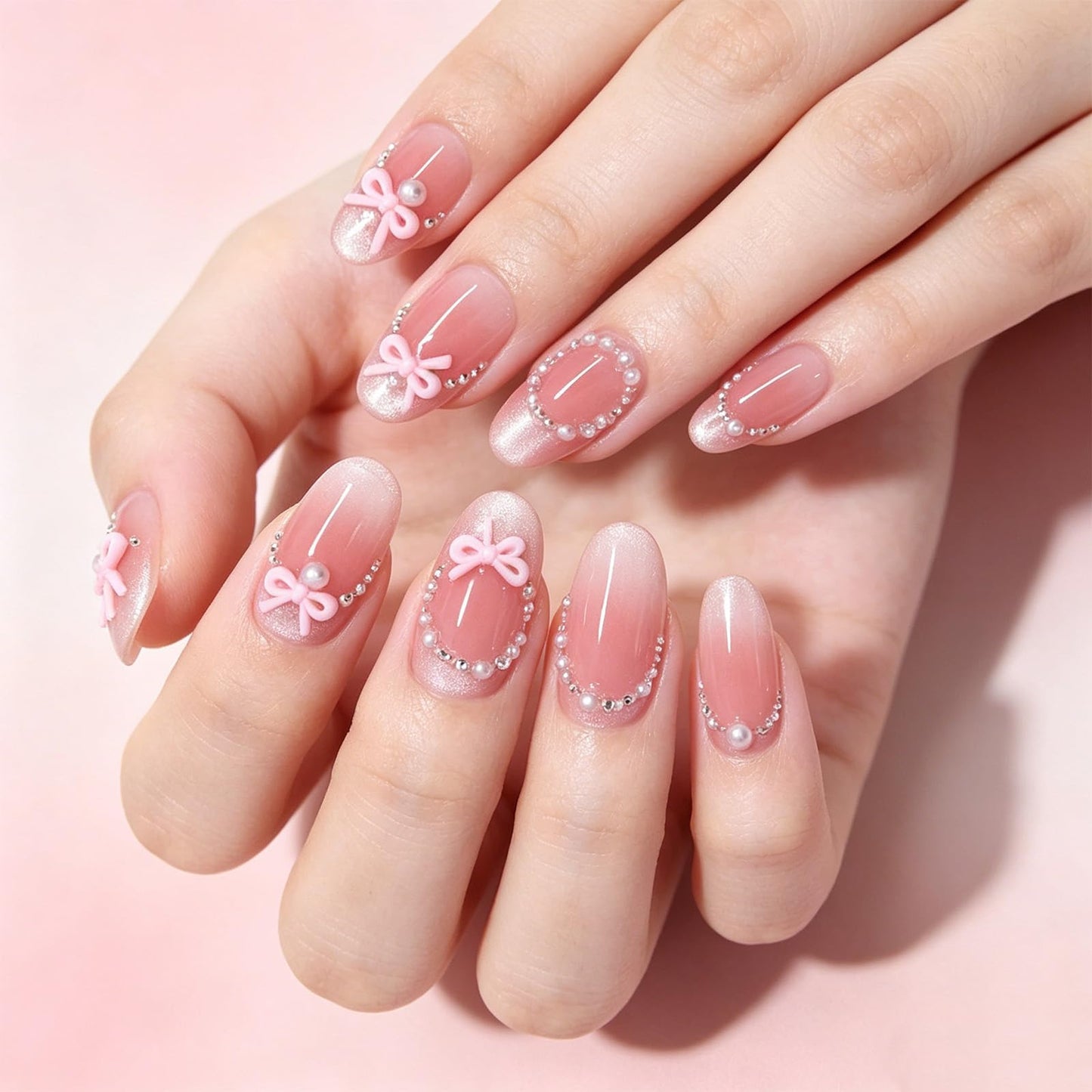3D Bow Press on Nails Glossy White Glitter Fake Nail with Rhinestone Design Pearl Medium Almond False Nails French Tips Stick on Nail Pink Ombre Glue on Artificial Fingernails for Women Daily Wear