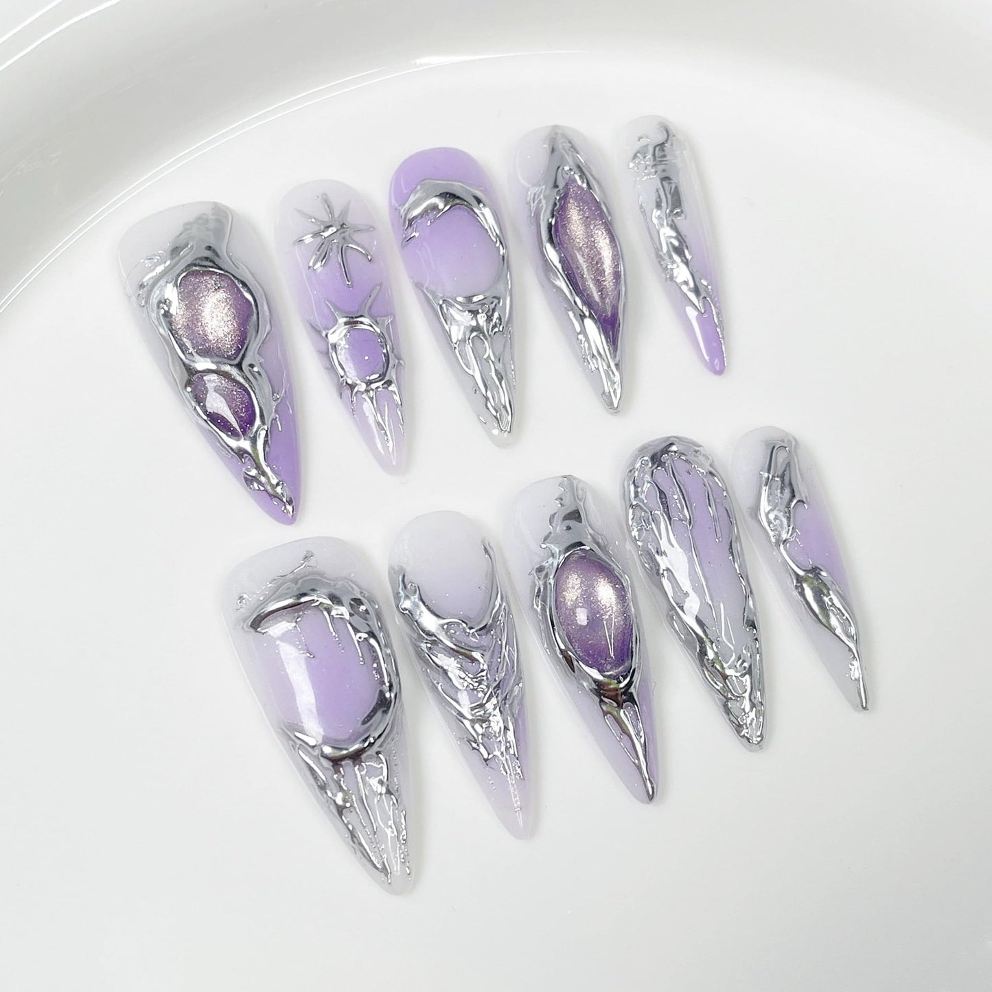 Purple Gradient Press on Nails Long - Handmade Press On Nails Almond Fake Nails with 3D Cat's Eye Designs False Nails Luxury Full Cover French Acrylic Stick on Nail for Women 10Pcs (Size M)