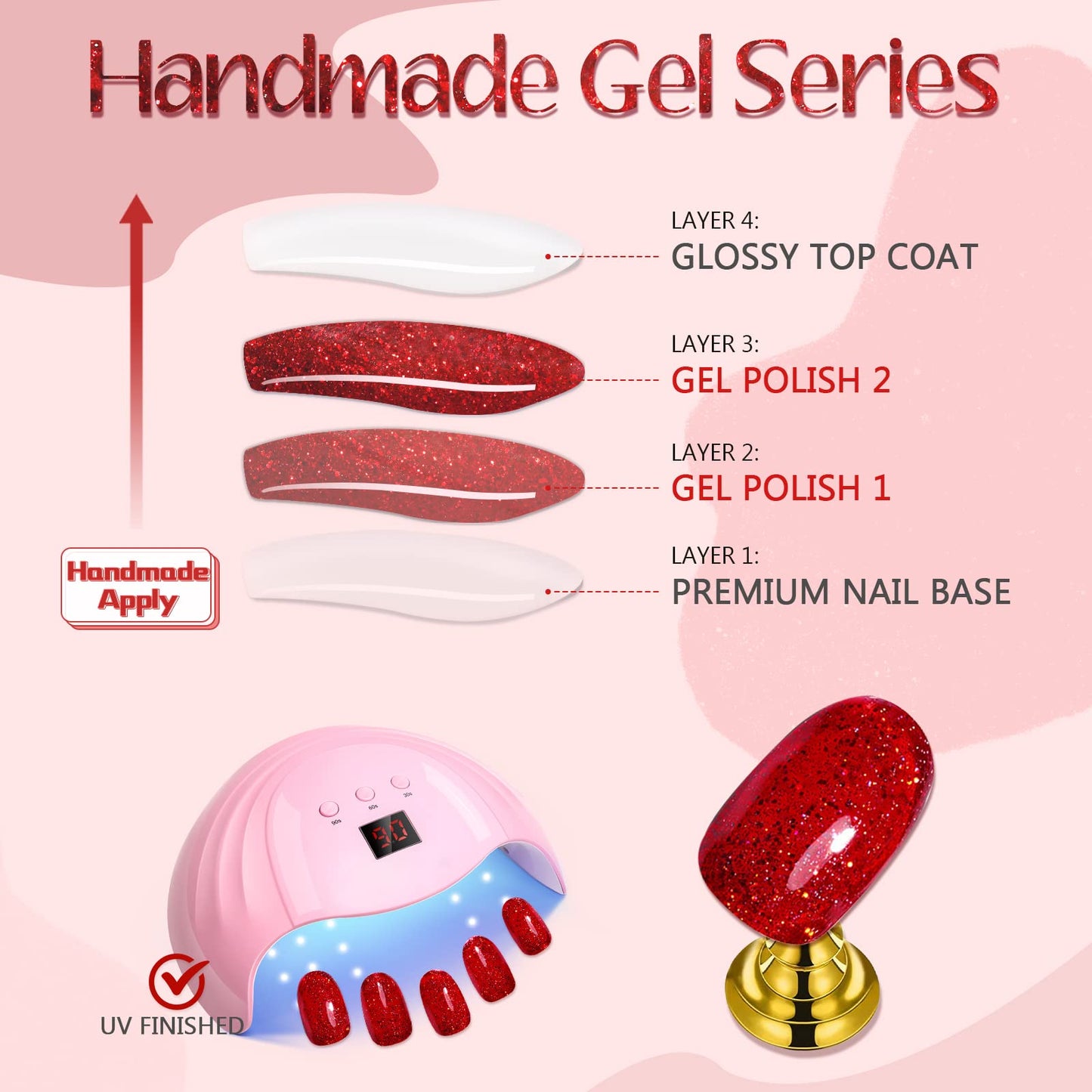 GLAMERMAID Golden Red Press on Nails Medium Almond, Handmade Glitter Glossy Jelly Soft Gel Glue on Nails Stiletto, Bright Red Fake Nails Short Oval, Reusable Acrylic Stick on False Nails Kit for Women