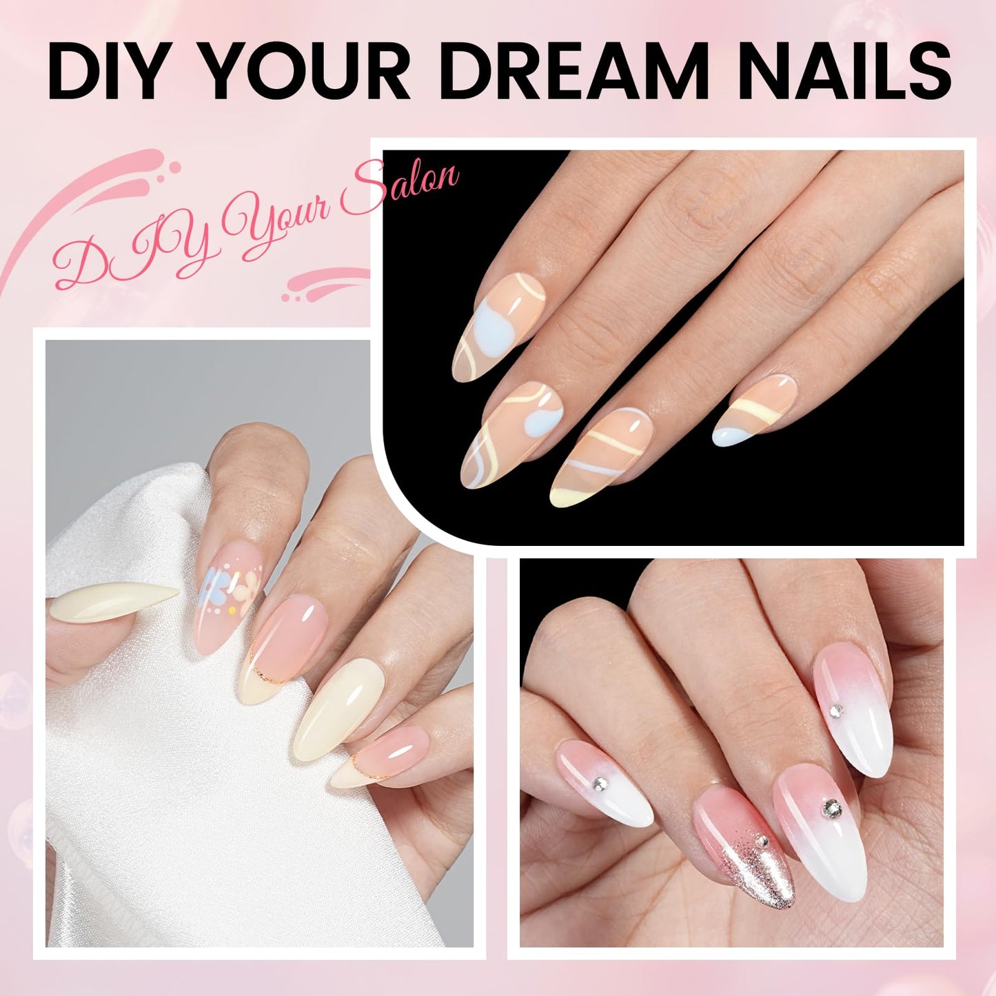 AILLSA Nail Extension Kit Medium Almond Nail Tips 224pcs, Solid Gel Nail Glue 30g for Acrylic Fake Nails, Gel Nail Tips Kit with Nail Lamp for Beginners DIY Home Salon