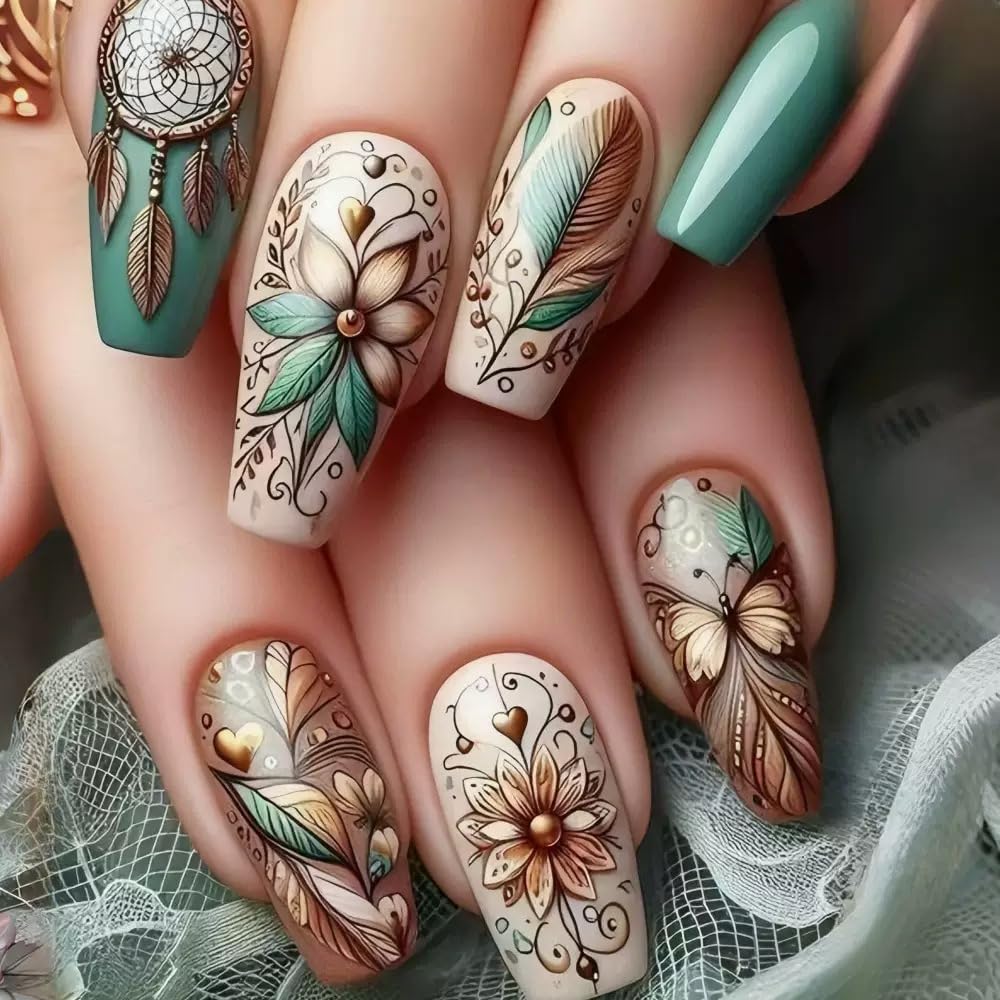 CTTHNBD Square Press on Nails - Medium Fake Nails with Flower Design - Ombre Brown, French Tip False Nails for Women - 24 Pcs