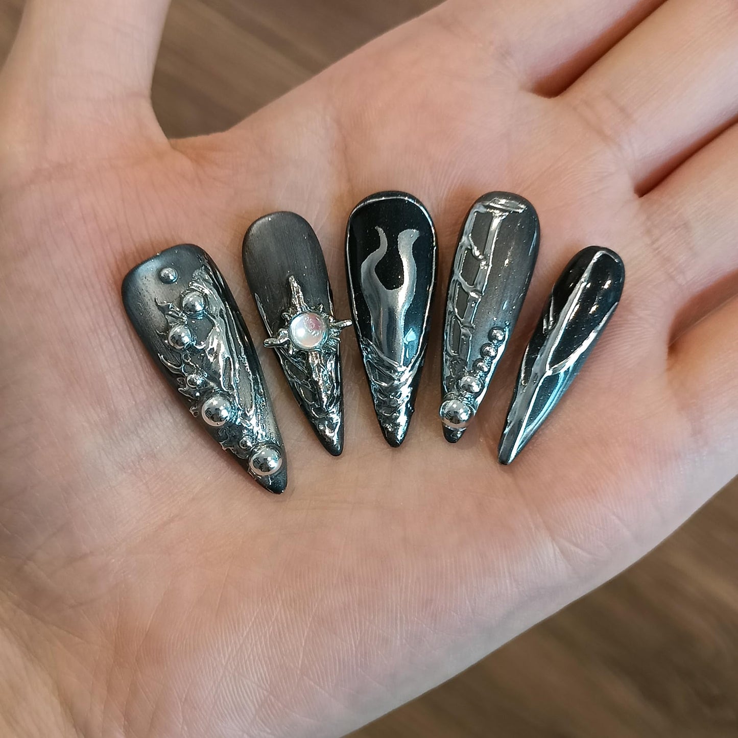 TENPAL Cat Eye Black & Mirror Powder Gradient Obsidian Press on Nails Long Stiletto,Hand-Painted Butterfly & Meteor Designs Fake Nails with Tools,3D Crystal Gothic Punk Nail Kit with Tools 10pcs(S)