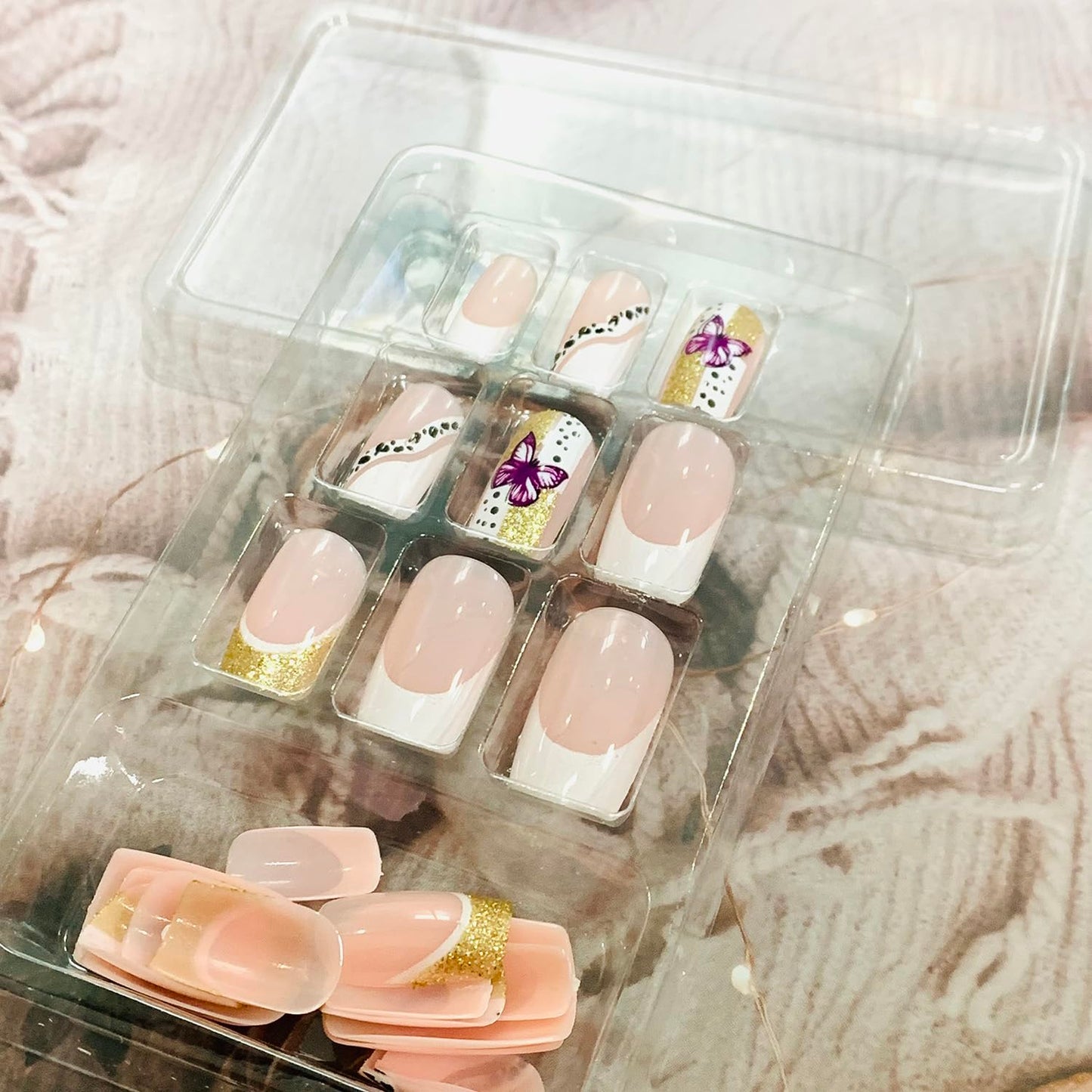 Vezocim French Tips Press on Nails Square Shapes 24Pcs Glossy Full Cover Medium Acrylic Glitter Square False Nails with Butterfly Designs Artificial Coffin Fake Nails Glue ons Fingernails for Women