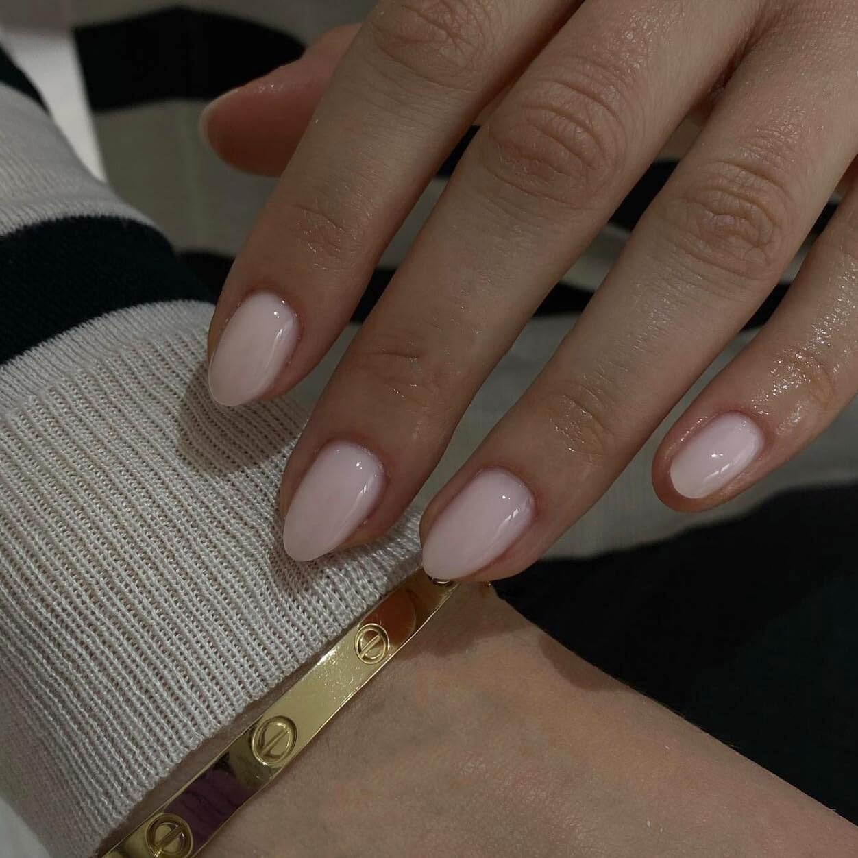 KQueenest Upgrade Thick Acrylic Press on Nails Short Oval, Milk White Fake Nails for Women Daily Wear, UV Cover Acrylic Glue on Nails Press ons Short Almond, Natural Reusable Stick on Nails in 24 Pcs
