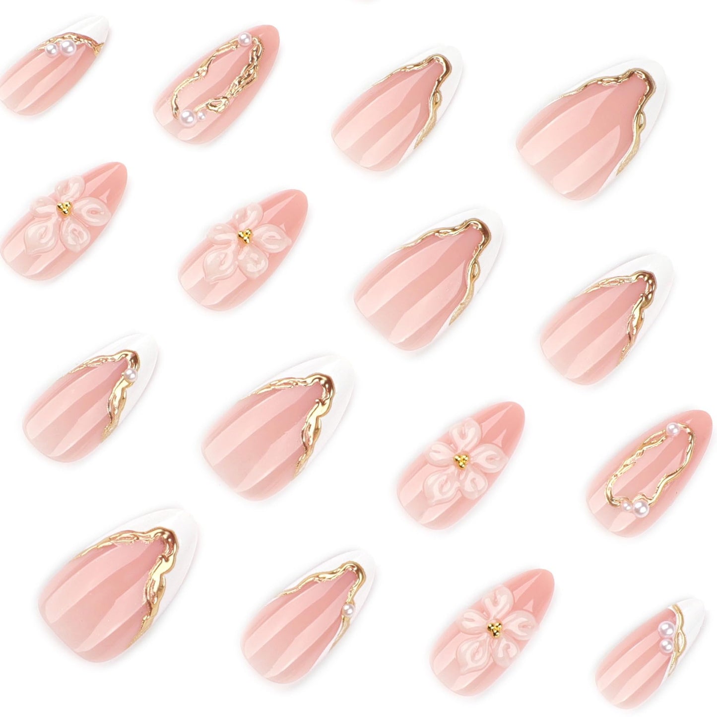 CTTHNBD Medium Press on Nails Almond - White French Tip Fake Nails with Flower Design - Gold Stripes Stick on False Nails - for Women 24 Pcs