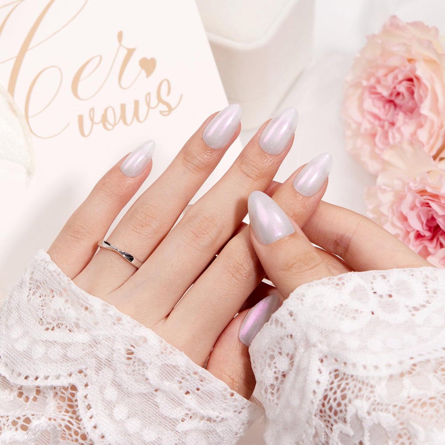 VSALON Press On Nails Short Almond, Shimmer White Opaque Fake Nails & Blue Cat Eye Mini Pack