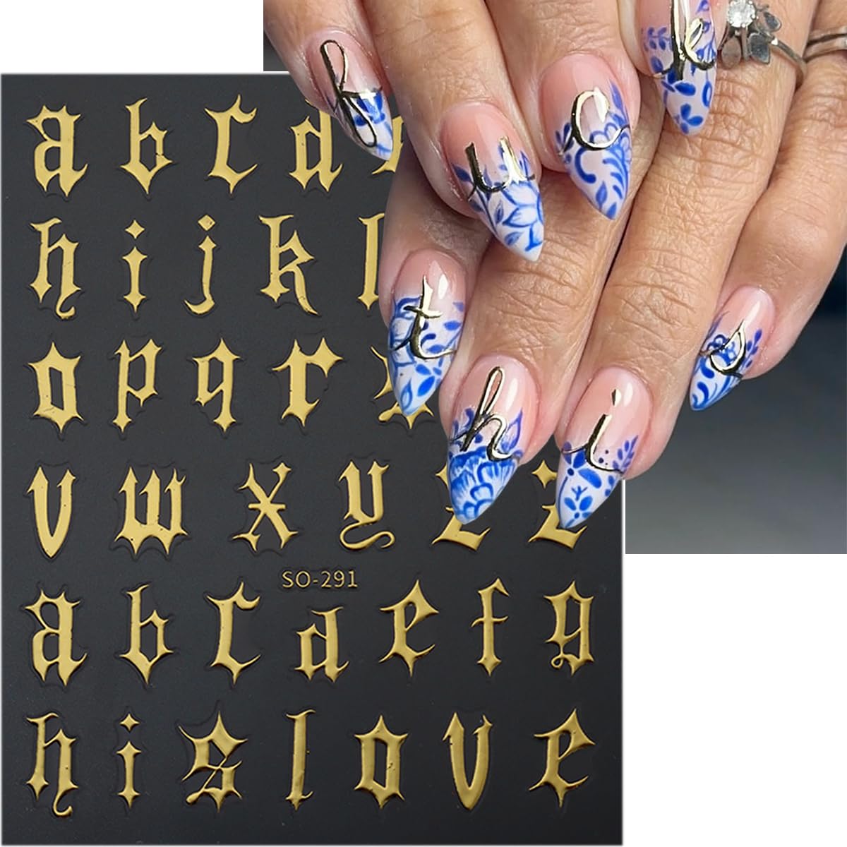 Retro English Letters Nail Stickers 3D Self Adhesive Old English Nail Art Stickers Black White Gold Silver Nails Design Decals Old Alphabet Nail Decorations for Women DIY Nails Supplies 8Sheets