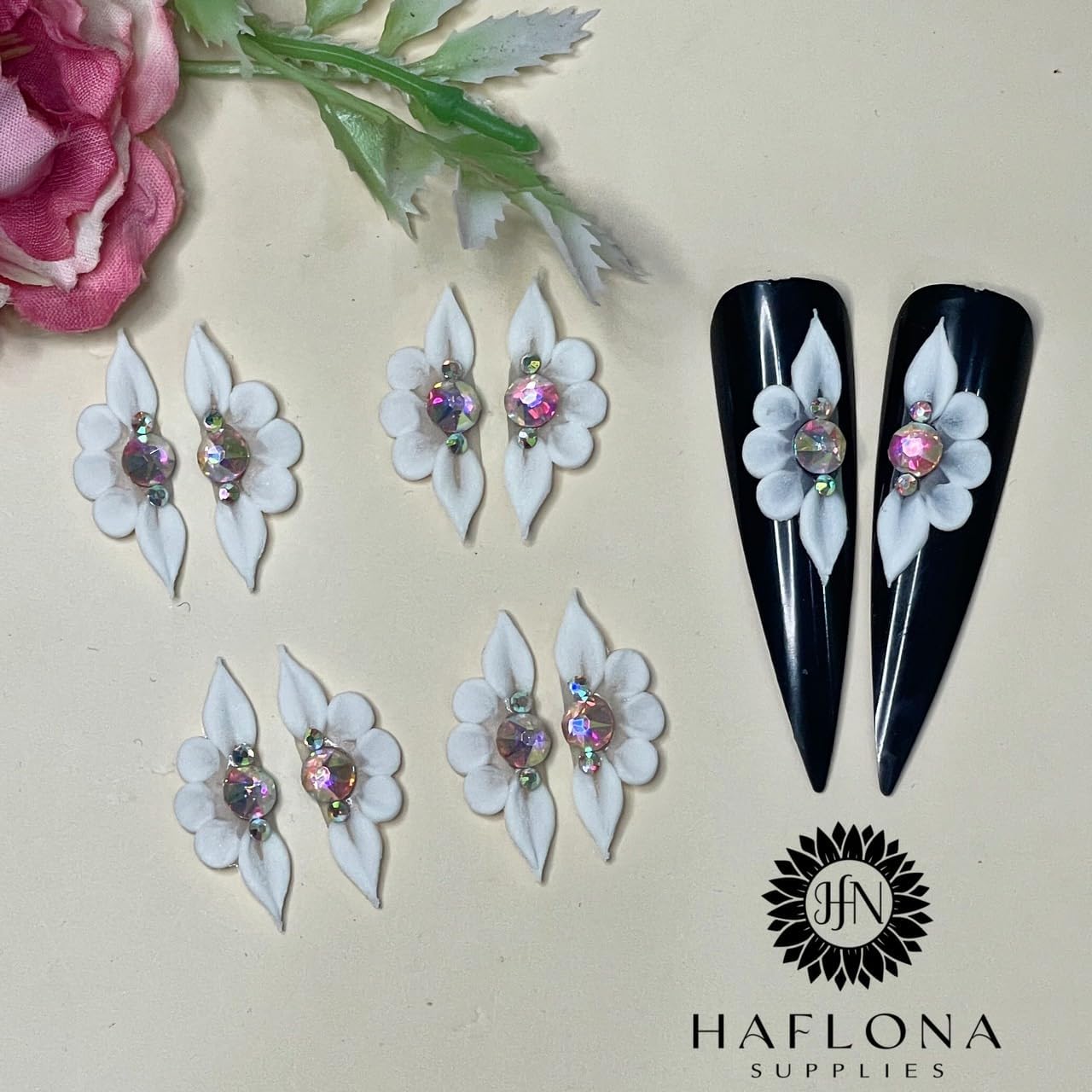 Set 8Pcs 3D Flowers Nails Charms with Rhinestone Gems Handmade by Acrylic Powder Design for Long Nail L,XL,XXL Flower Nail Art Floral Salon Decor Women Girls (8Pcs-White 3 Rhinestones)