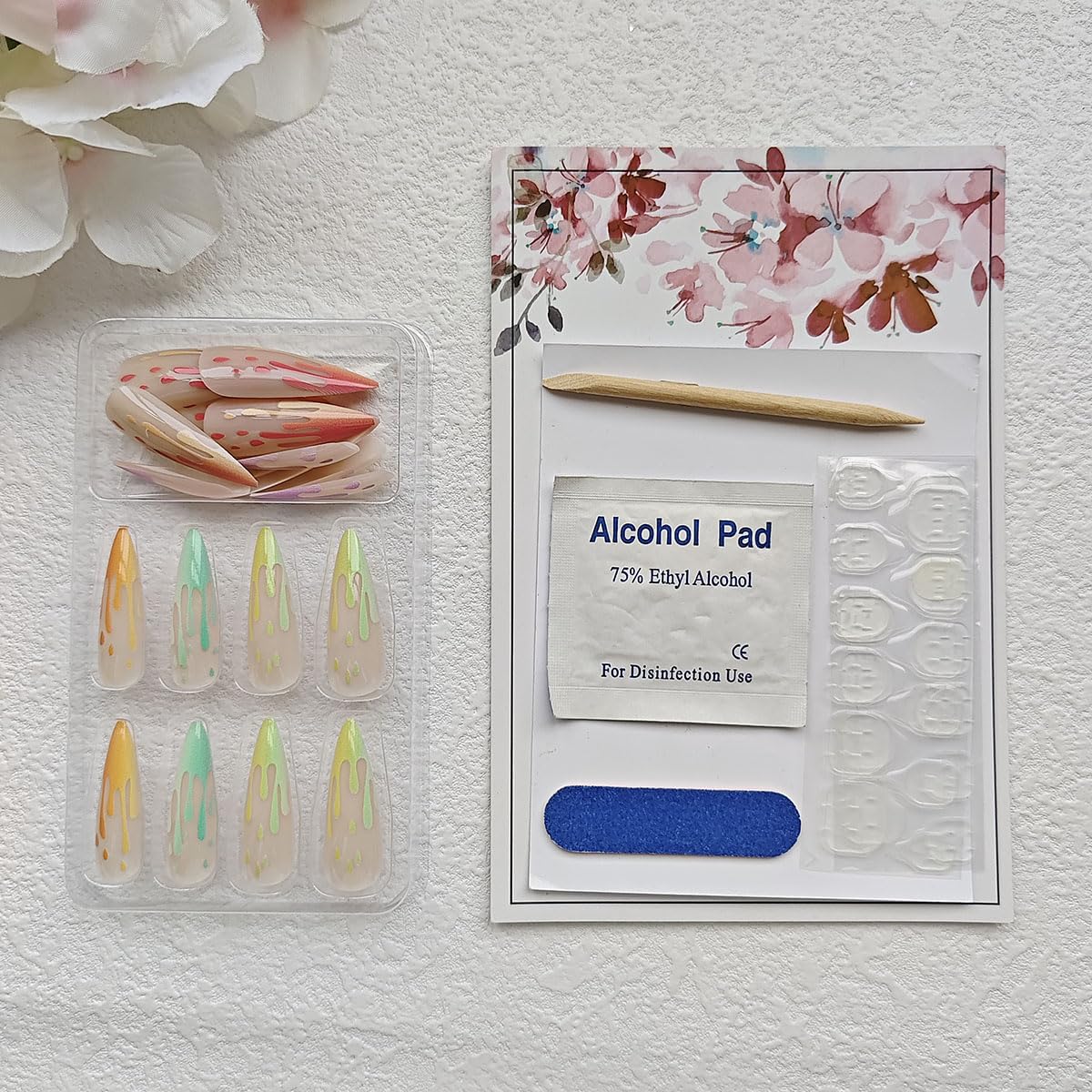 Rilafuvu 24Pcs Long Fake Nails Almond Press on Nail French Tip Glue on Nails Rainbow Ice Cream Design Acrylic Nails Almond Nails for Women and Girls