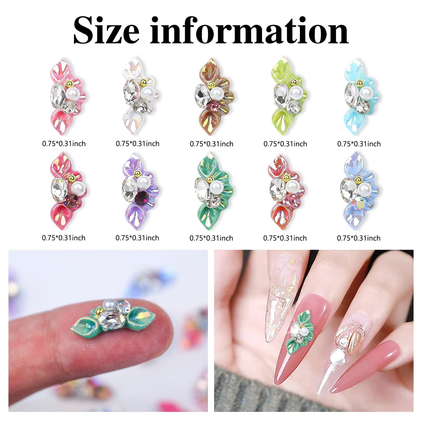 DANNEASY 30pcs 5d Flower Nail Charms Flat Back Embossed Nail Art Charms with Rhinestones Pearl Crystals Diamond Gems Nail Jewels Nail Decoration for Acrylic Nails DIY Craft Jewelry Making Accessories