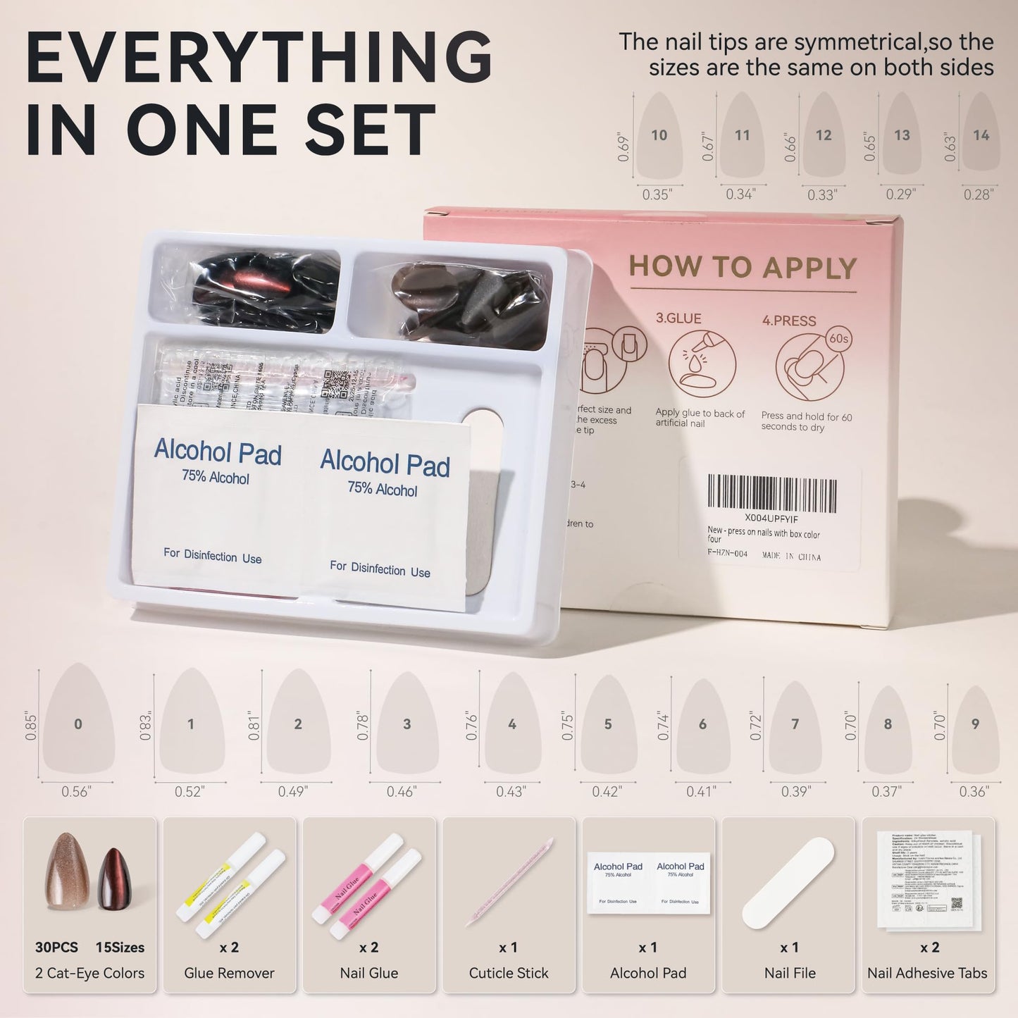 ELLEWIN 60 Pcs Cat Eye Press on Nails Medium Almond - Dark Red & Almond, 15 Sizes Acrylic Glossy Glitter Stick on Nails Set with Glue, Remover & Accessories for Women