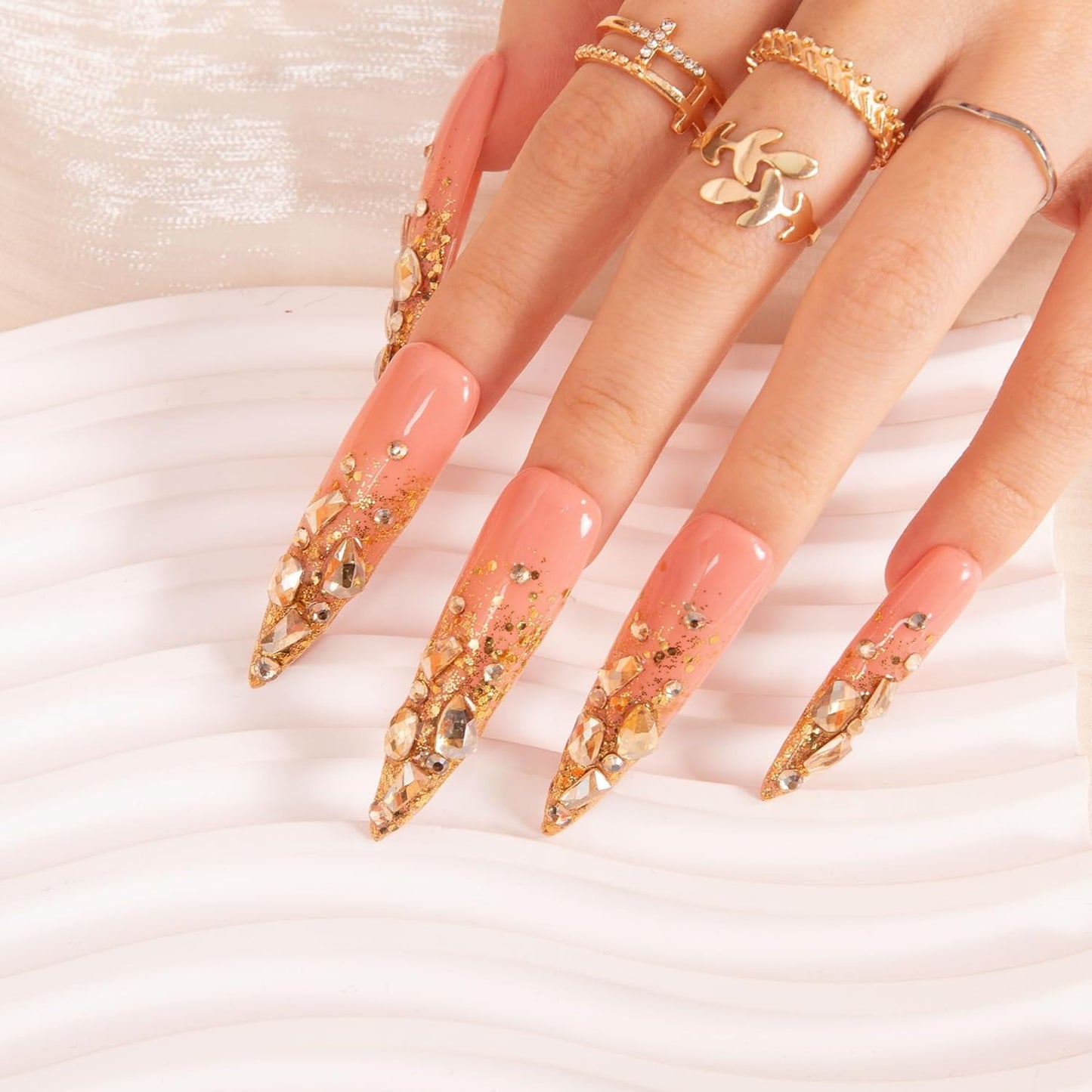 LOVFUL Reusable Press on Nails | Stardust Gold Rhinestone | Salon Quality Sustainable Style Handmade with Full Covered Crystals | Stiletto Long 2.2 in | H84-S