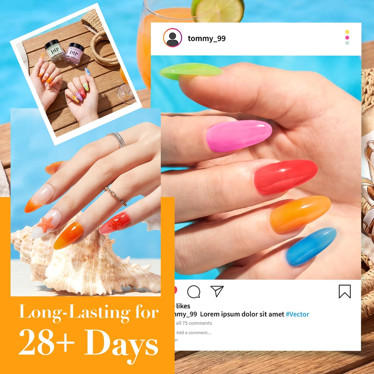 AZUREBEAUTY 42Pcs Dip Powder Nail Kit Starter, 32 Colors Spring Rainbow Bright Pink Red Green Acrylic Dipping Powder Set with Top/Base Coat Activator for French Art Manicure DIY Salon Gift