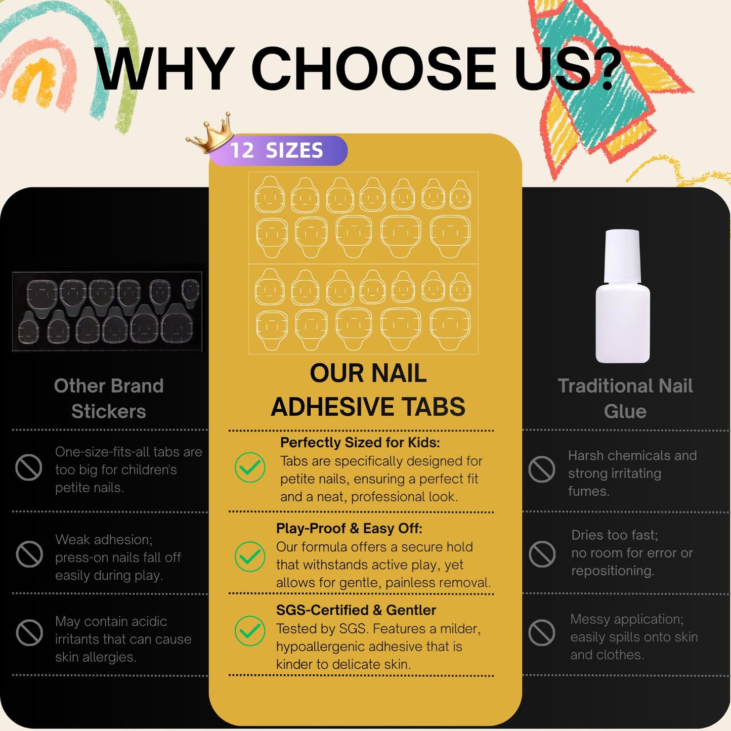 SnypeeLab XS 480PCS 12 Sizes Kids Nail Adhesive Tabs - 0.3mm Ultra Thin Gentle Formula Press On Nail Stickers for Children, Strong Hold for School & Sports