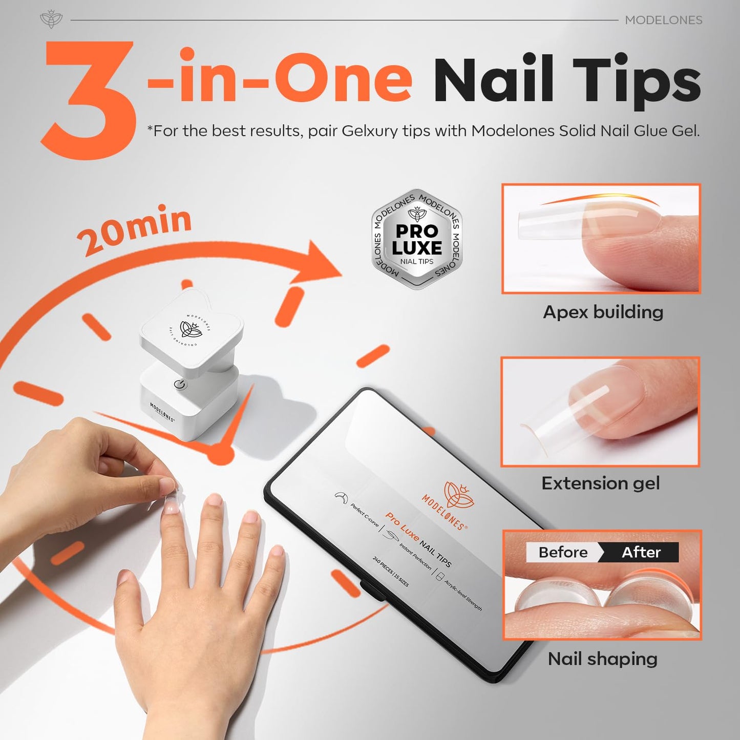 modelones Pro Luxe Instant Nail Apex Tips, Medium Square Extension Gel Tips Pre-building & Pre-etched Thicker Strength Acrylic Fake Nails Full Cover 15 Sizes