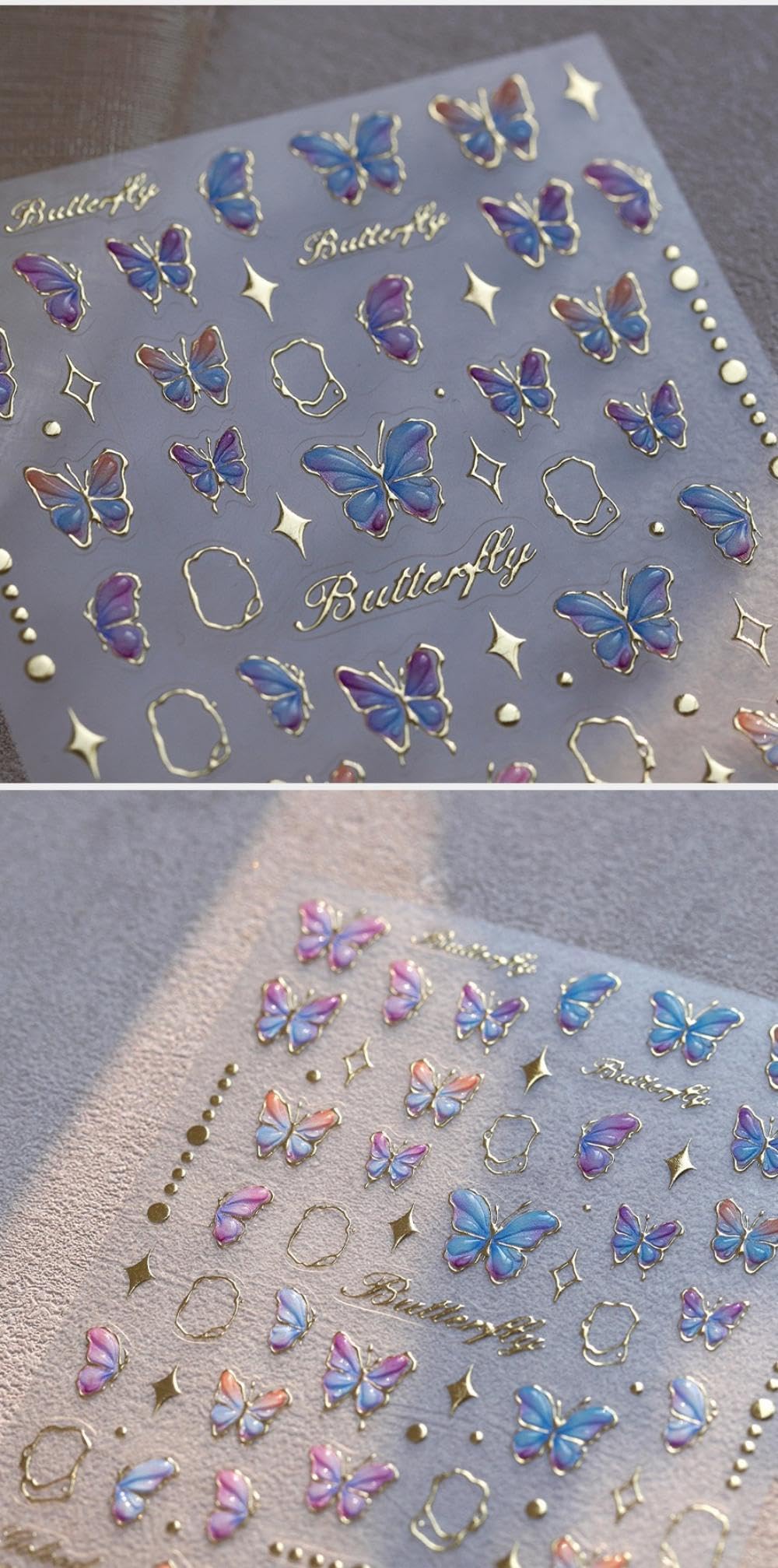 5D Embossed Blue Butterfly Nail Stickers Gold Star Nail Art Stickers Purple Butterfly Nail Decals Self-Adhesive Spring Sticker Summer Nail Supplies for Women Girls DIY Manicure