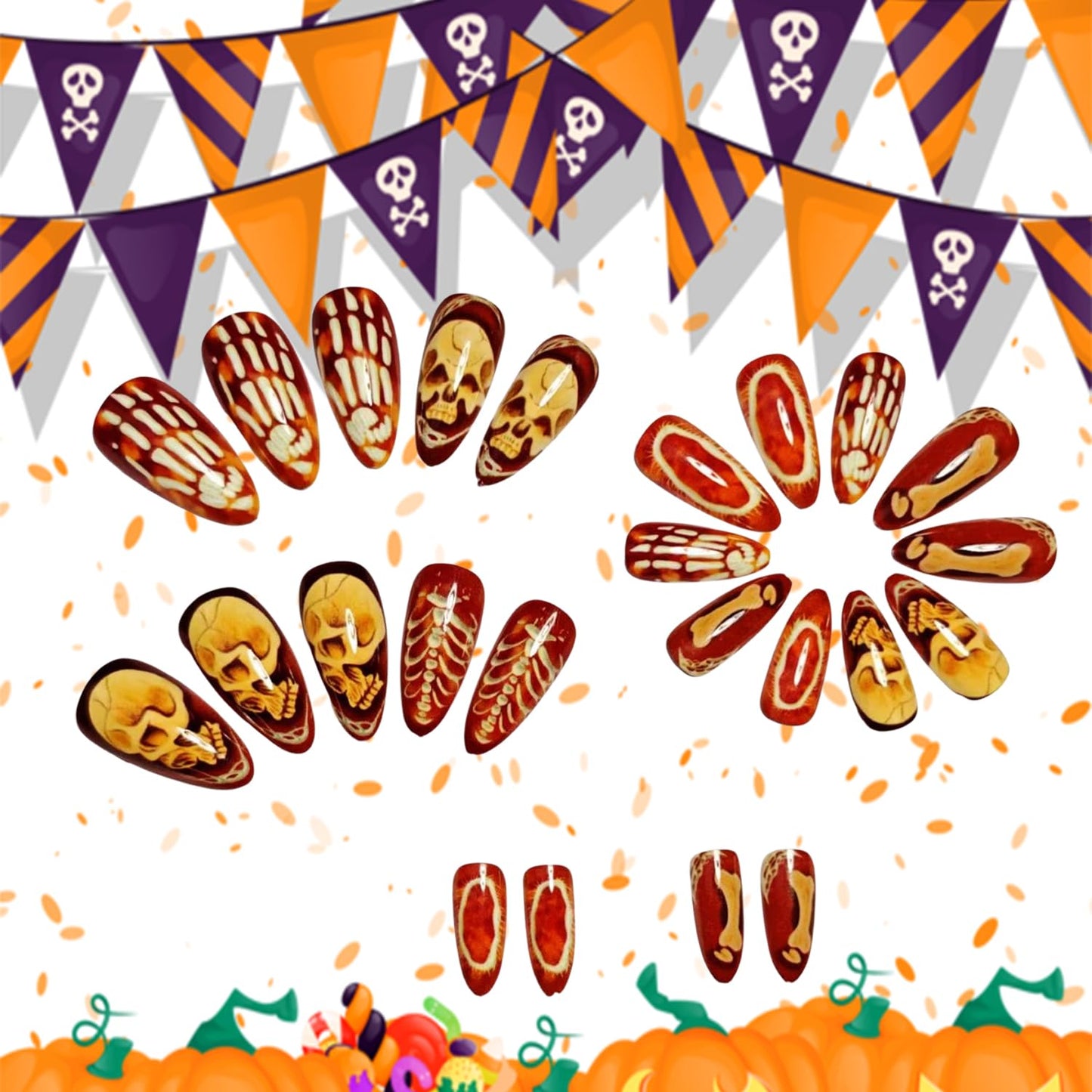 24Pcs Halloween Press on Nails Medium Almond White Skull Skeleton Hand Design Acrylic False Nail Full Cover Glossy Halloween Stick on Nails Press Ons Almond Glue on Nails for Women Festival Supplies