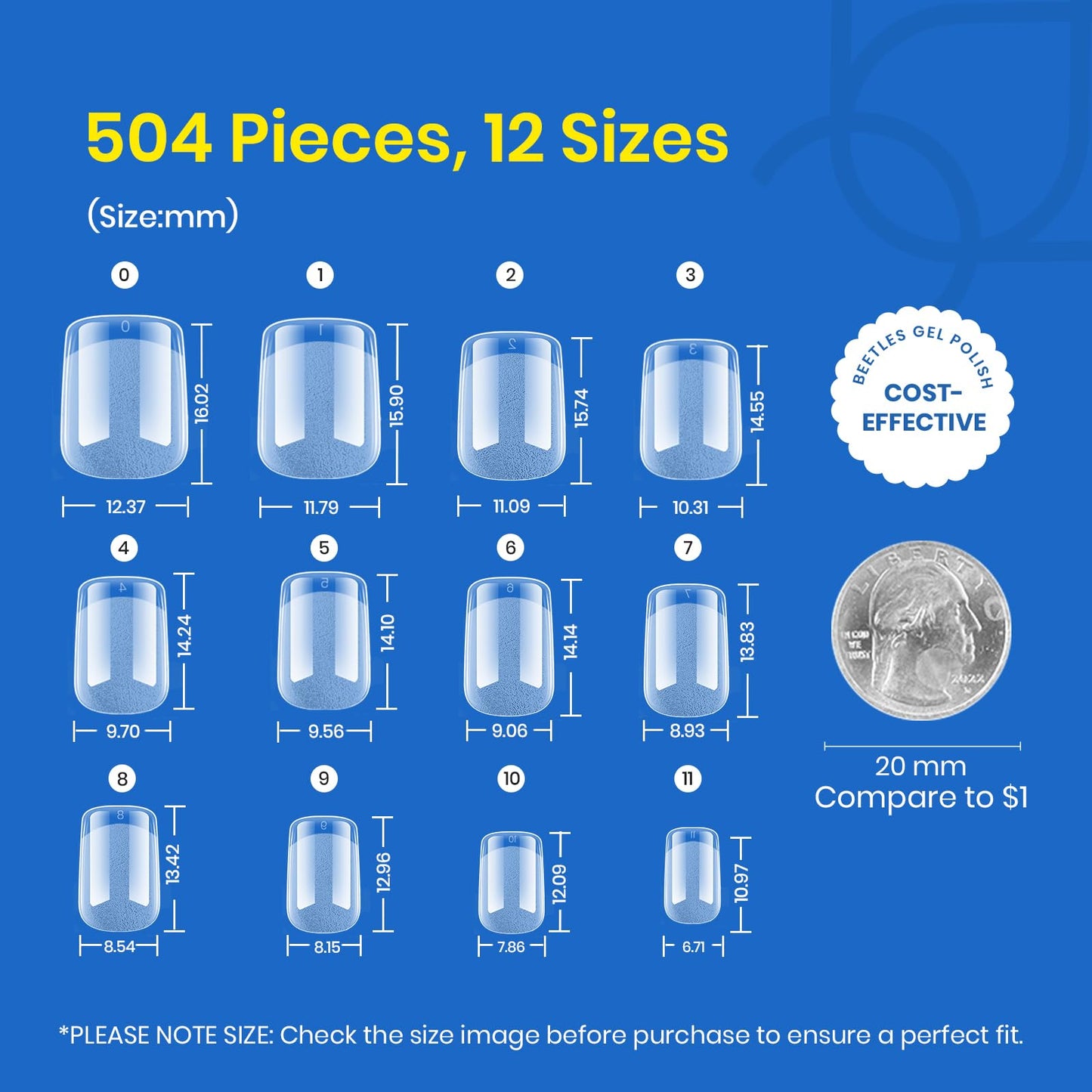 Beetles 504Pcs XS Short Square Nail Tips,12 Sizes Fake Nail Pre Shaped Half Matte Etch X Nail Tips Full Cover False Clear Acrylic Press on Nails for Gel Polish Nail Art Design,Nail Glues Needed