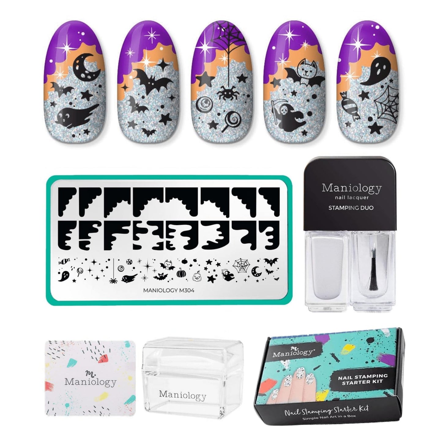 Maniology Boo-gie French Nail Stamping Starter Kit | Halloween French Tip Nail Art with Ghosts, Bats, and Spooky Chic DIY Manicure Designs (Stamping Plate, Polish, Top Coat, Stamper & Scraper Card)