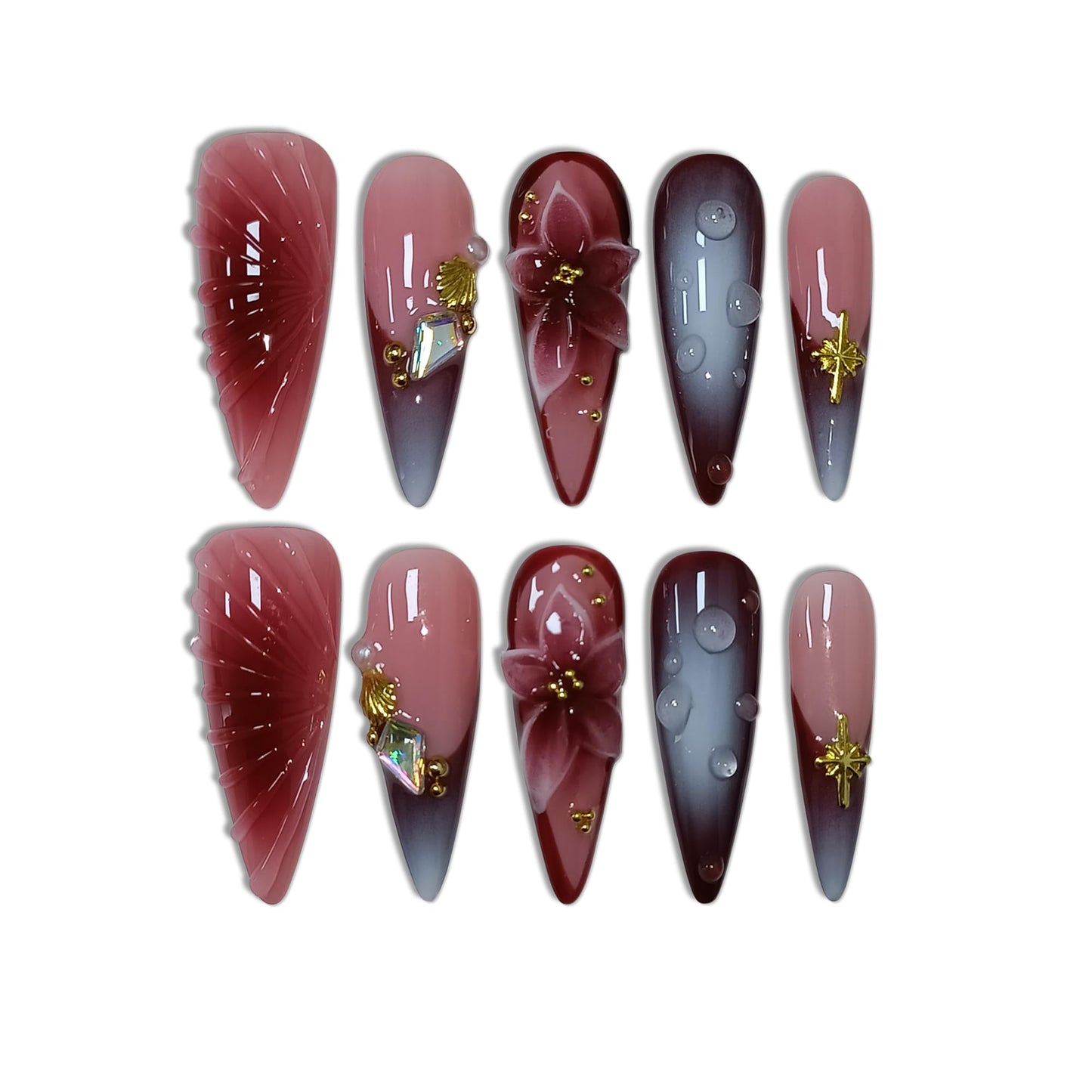 TENPAL Stiletto Press on Nails - Wine Brown Blushing French Fake Nails with 3D Floral Teardrop Design,Glossy False Nails with Tools,Handmade Glamorous Winter Style Glue on Nails for Women Girls(S)
