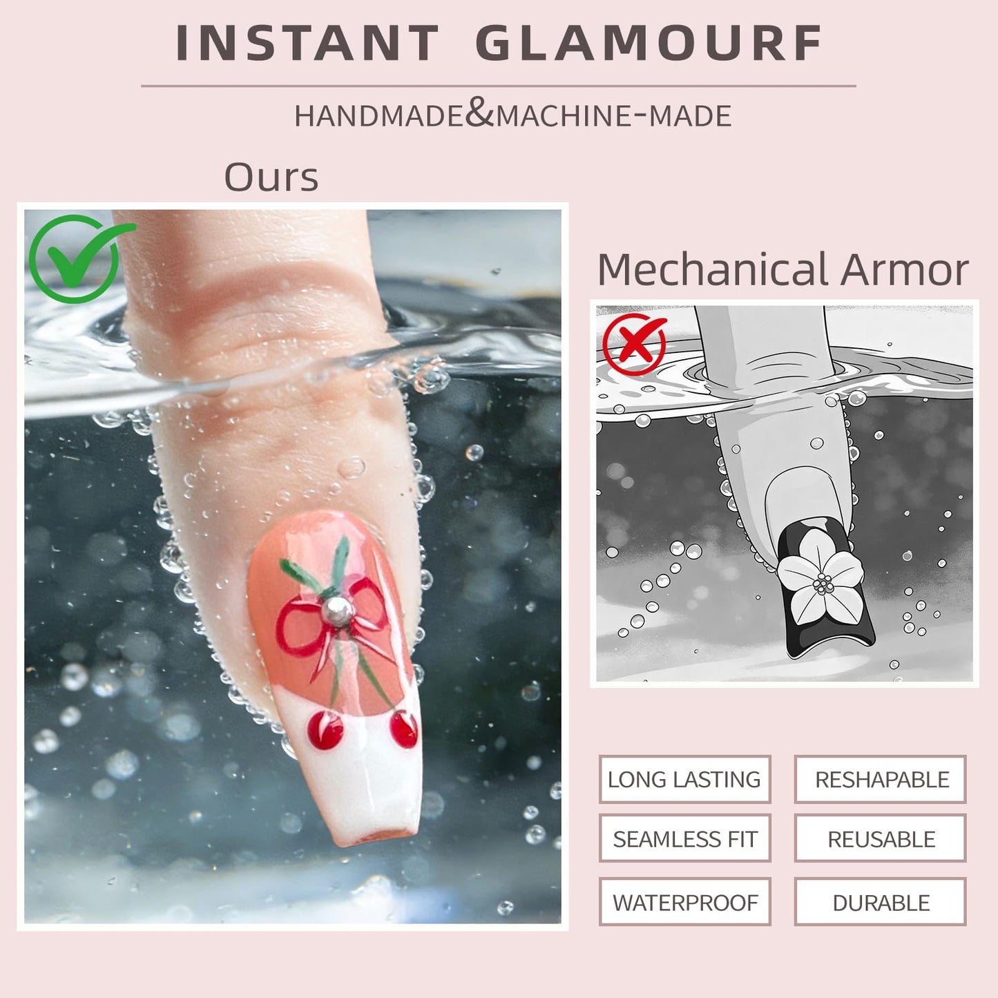 Nude Pink Handmade Press On Nails – Long Coffin French Leopard Print & Floral Rhinestone Design | Thick Acrylic Full-Coverage False Nails Spring Pattern (S-10PCS)