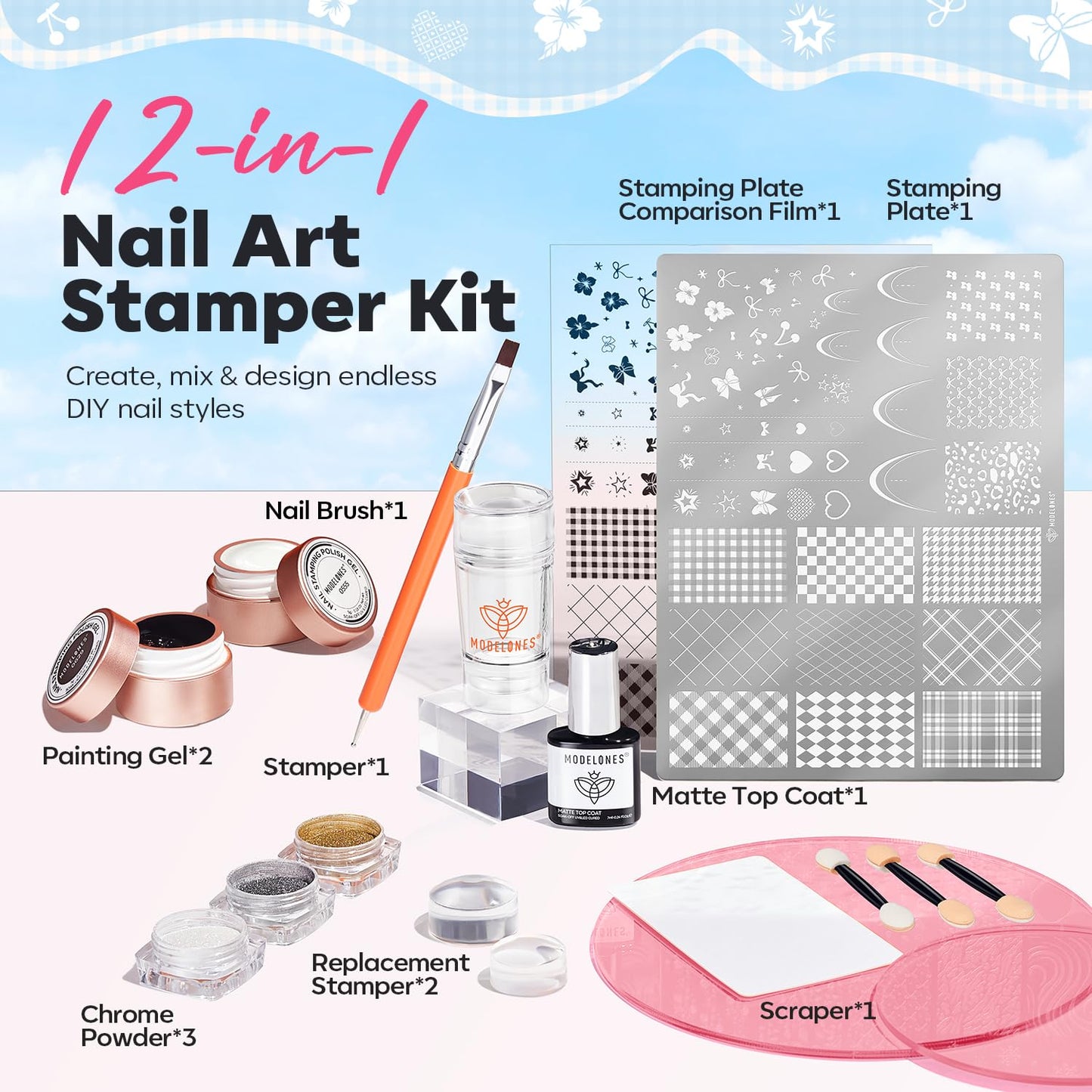Modelones 16PCS Plaid Nail Stamping Kit – French Tip Stamper White Black Painting Gel Polish Chrome Powder Proof Matte Gel Top Coat Gingham Template Dual Nail Art Brush Summer Manicure Gift for Women