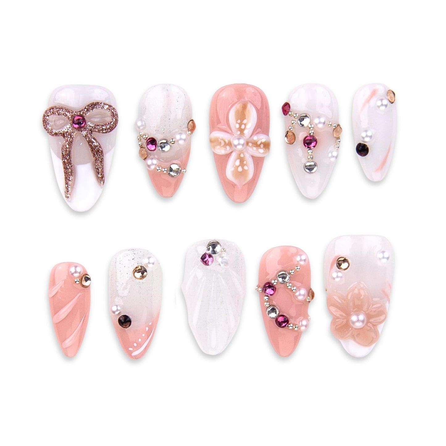SIYOU Beauty | Luxy Bay | Pink and White Luxury Short Almond Press On Nails for Women (Medium) - Reusable, Salon-Quality Fake Nails (10pc)