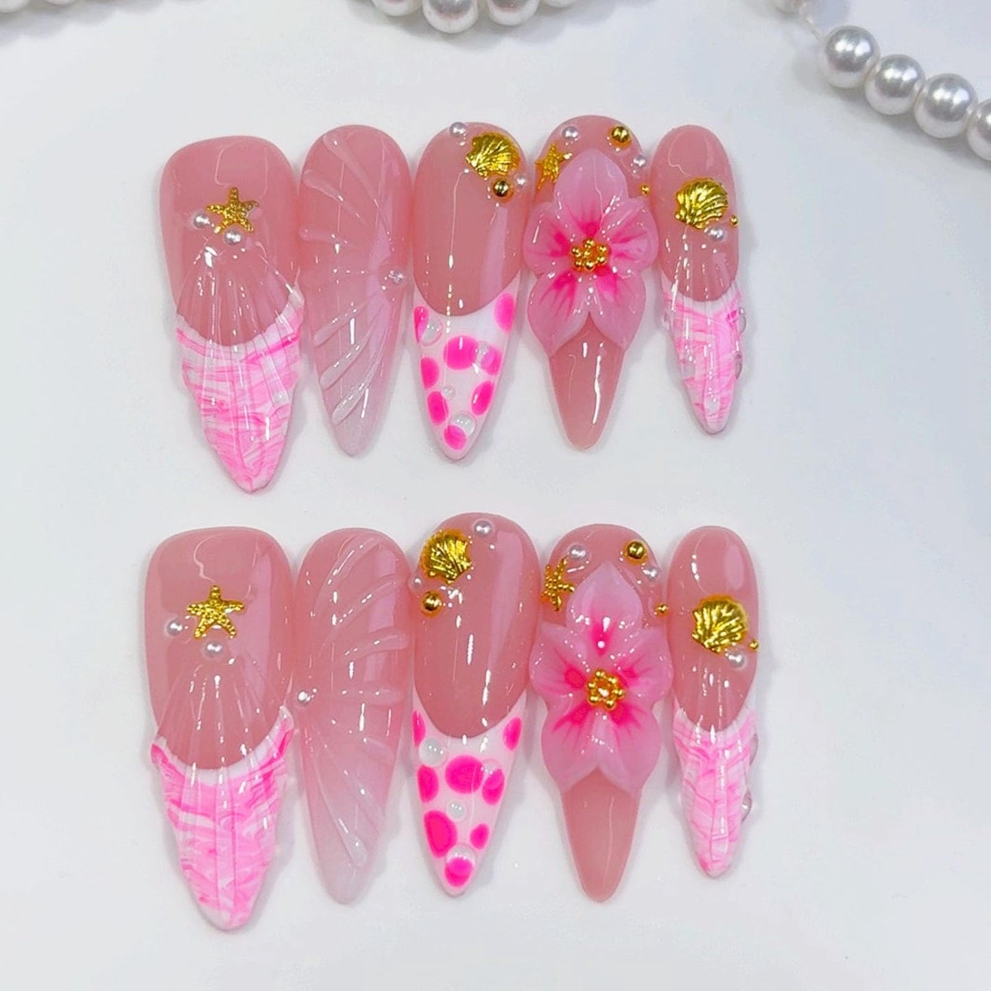 10 Pcs Handmade Press on Nails Long Stilettos Fake Nails with 3D Flowers Star Bell Charms Design Pink White French Tip False Nails Stiletto Press Ons Nails Acrylic for Women Wedding Manicure - M Size