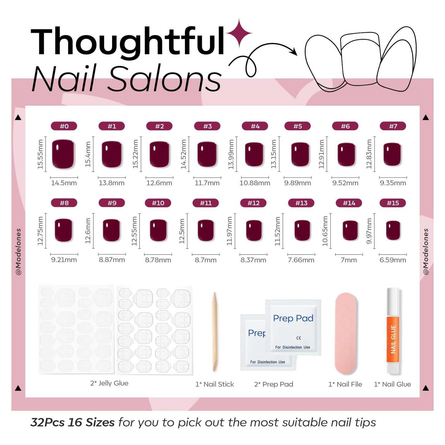Modelones Extra Short Press on Nails, Burgundy Squoval Fake Nails, Reusable Nail Kit with Nail Glue Adhesive Tabs Mini Nail File, Nails Press Ons 32Pcs 16 Sizes, Spring Women Girl Gift