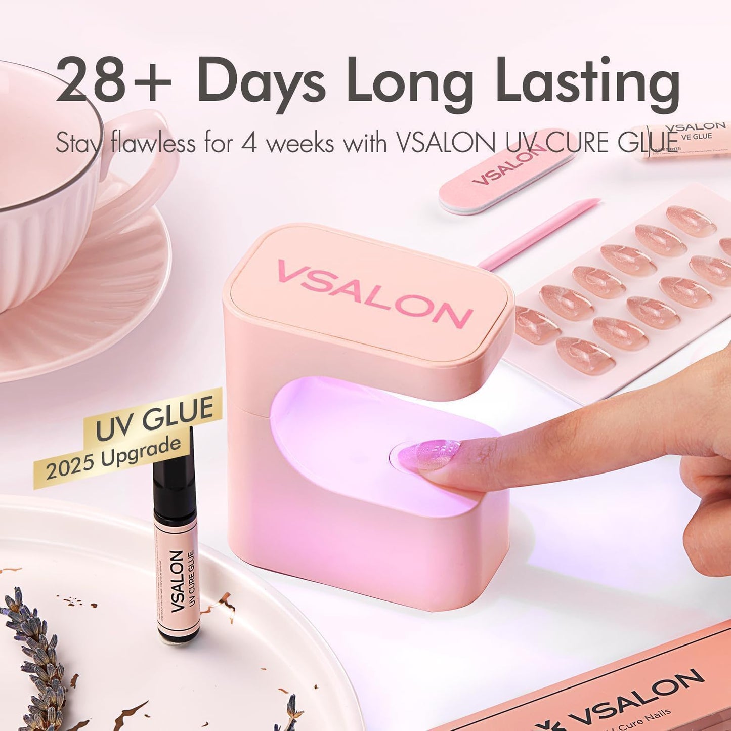 Short Almond Press-On Nails - 32 PCS French Tip Cream Finish Main Nails in 16 Sizes & 10 PCS Alternative Nails - Fake Nail Kit with UV Glue, Easy Tabs, Nail Glue，Remover & Nail Lamp