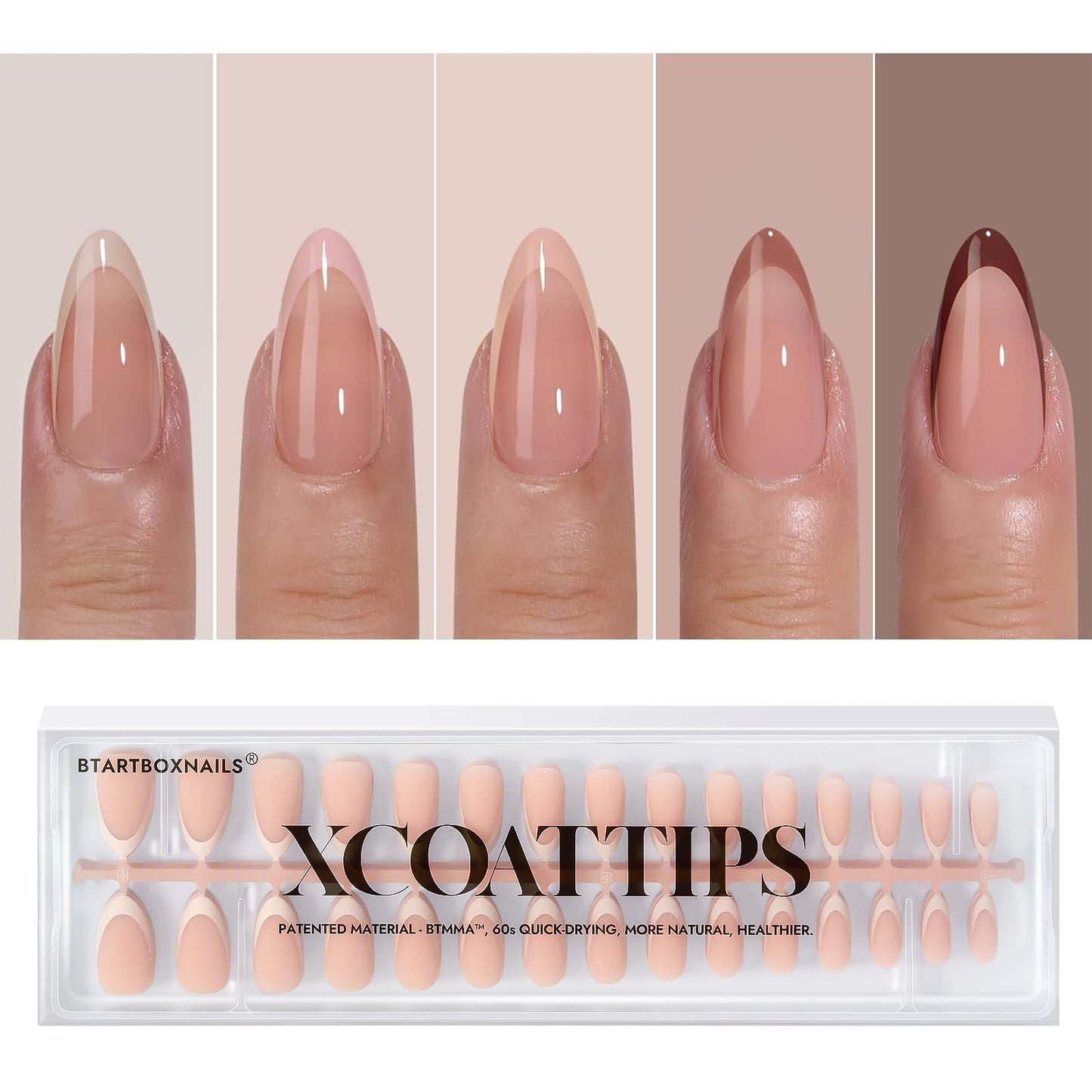 BTArtboxnails XCOATTIPS Press on Nails - French Tip Press on Nails Medium Almond, Skin Tones Soft Gel Nails False Nail Tips, Soak Off Acrylic Nails Extensions