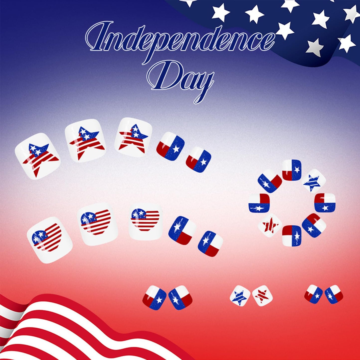 4th of July Press on Toenails Short Square Glossy Fake Toe Nails American Flag Star Heart False Toenails Red White Blue Checkered Toe Nail Press ons Acrylic Stick on Toes for Women 24Pcs
