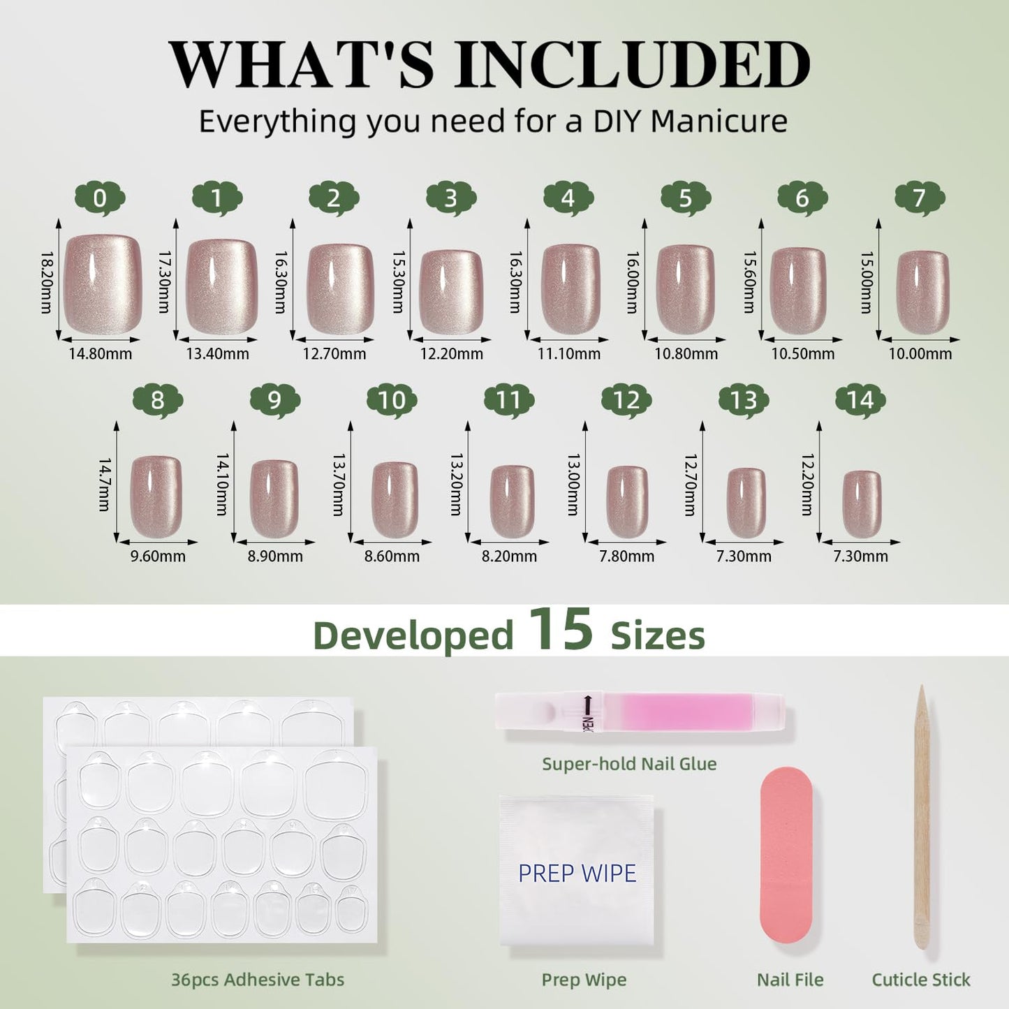 Cat Eye Press On Nails Square - Neutral Short Square Fake Nails, Cateye Press On Nails Reusable Stick On Nails in 15 Sizes 30pcs False Nail Kit for Women & Girls (Moonlit Pearl)