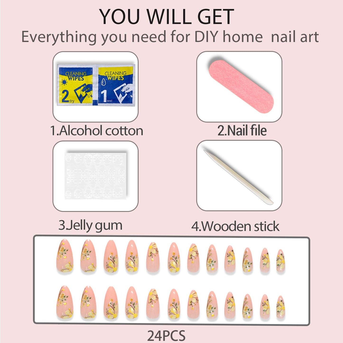 24Pcs Medium Length Press on Nails French Almond Shaped With Floral Design And Acrylic Artificial False Nails Kit Full Cover Nude Glossy With Fake Nail Suitable Women and Girls