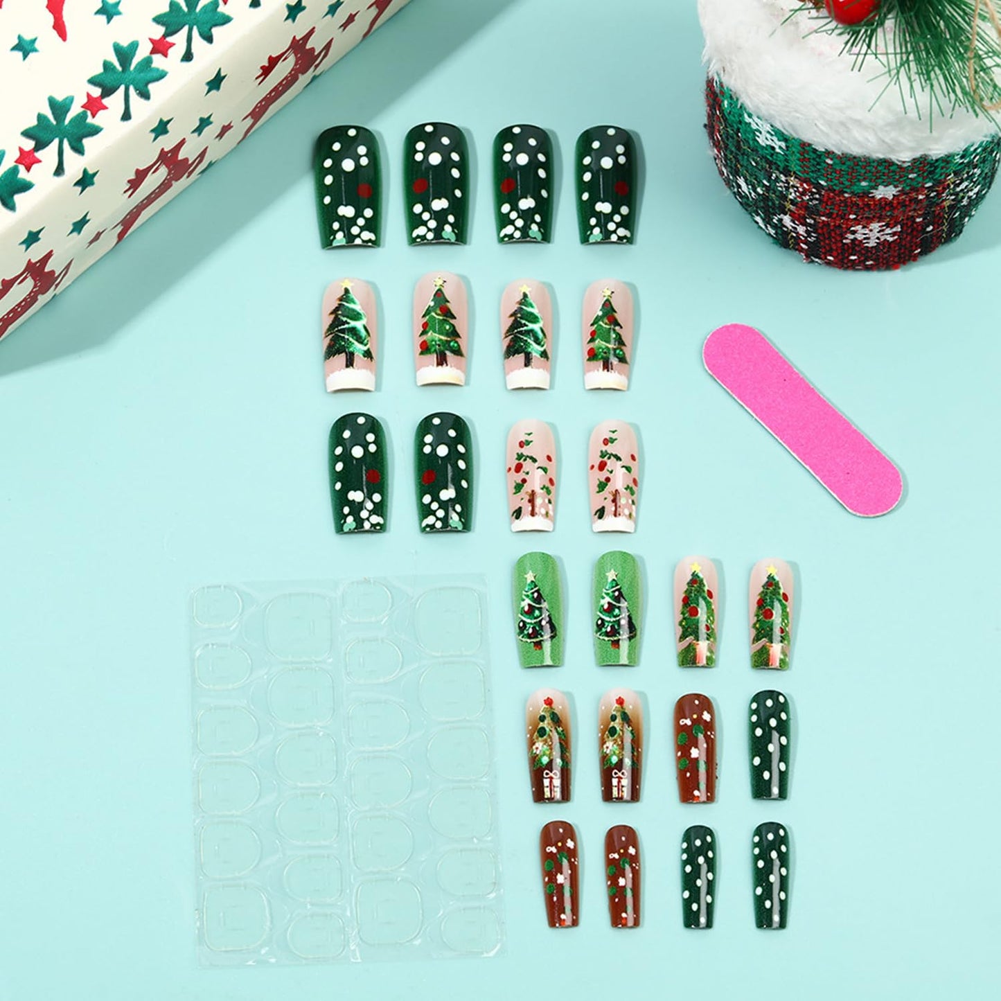 CJDLTS Christmas Press on Nails Medium Artificial Ballet Acrylic False Nails French White Tip Xmas Fake Nail Christmas Trees Stick on Nail Full Cover Winter Artificial Fingernails for Women Manicure