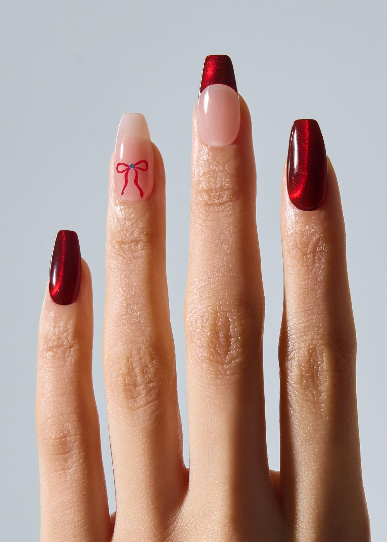 ohora Semi Cured Gel Nail Strips (N Crimson Bow) - Works with Any Lamps, Salon-Quality, Long Lasting, Easy to Apply & Remove - Includes 2 Prep Pads, Nail File & Wooden Stick