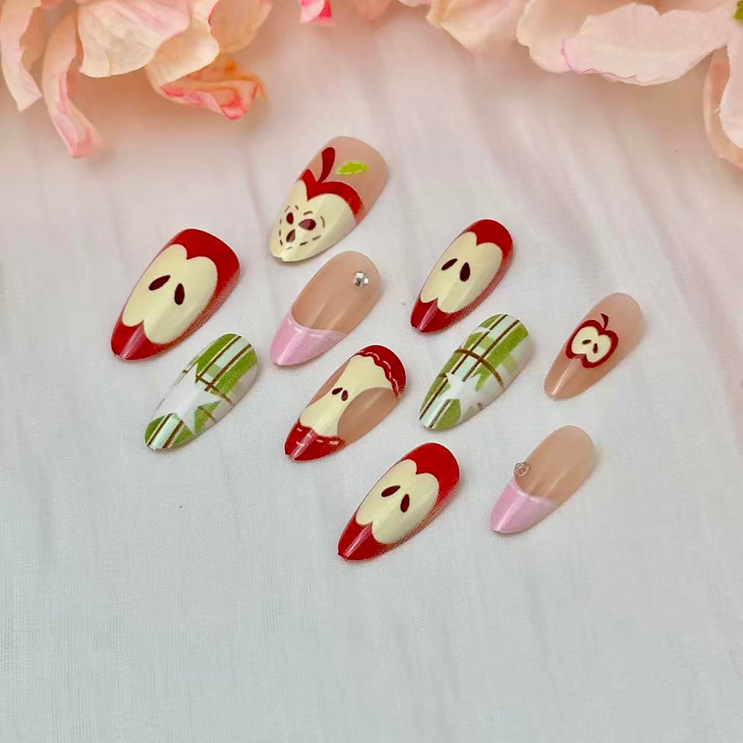 30pcs Almond Press on Nails Medium Fake Nails Pink French Tip Glue on Nails with 3d Rhinestones Designs Cute Apple Full Cover False Nails Green Plaid Star Artificial Stick on Nail Decoration for Women