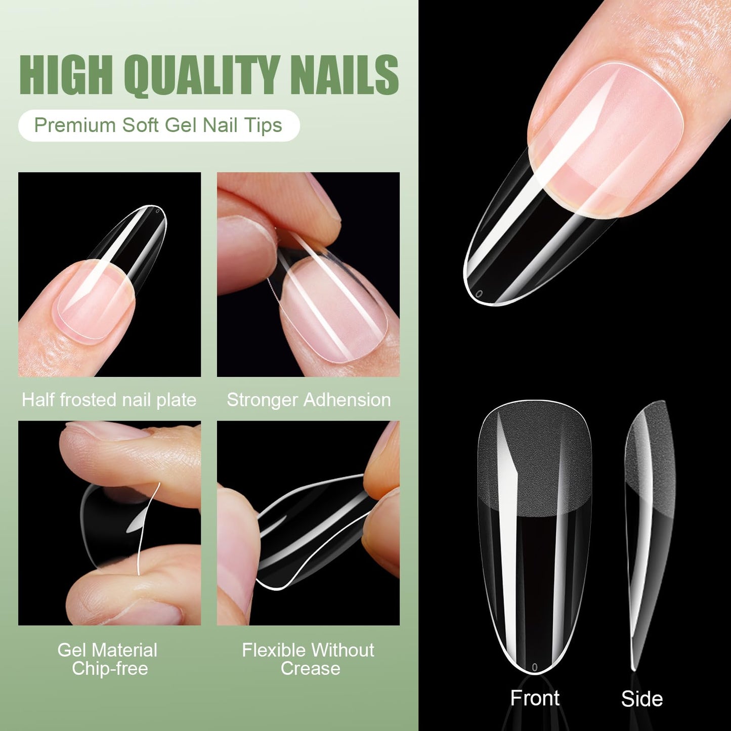 Cycullinyt 480pcs Sculpted Long Almond Soft Gel Nail Tips, Professional False Nail Tips with Box - 16 Sizes Full Cover Clear Acrylic Press On Fake Nails for Extension Manicure Salon DIY at Home