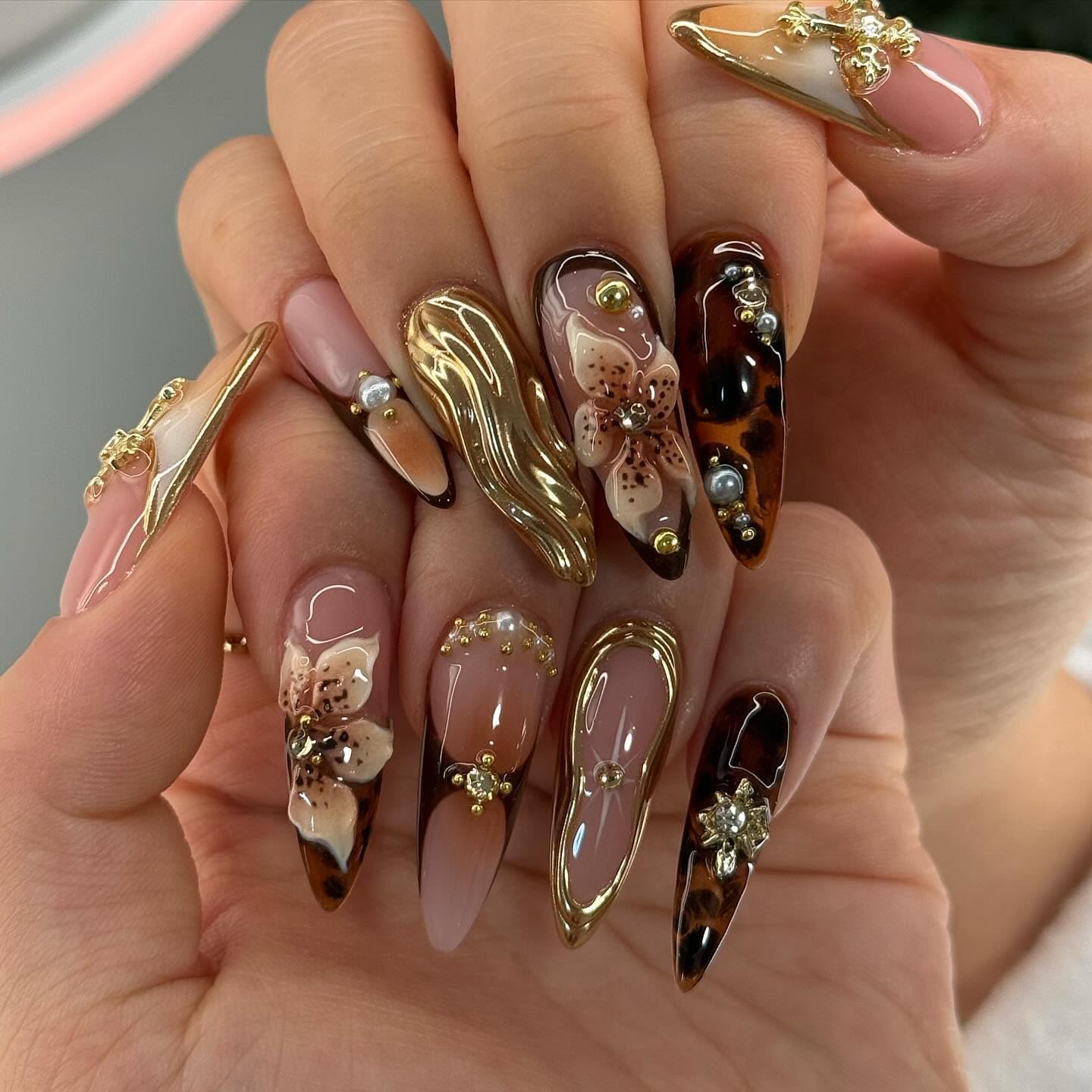 Gleamrain Stiletto Press on Nails Long Almond Brown False Nail with Flower and Swirl Designs 3d Fall Nails Press Ons for Women 24pcs