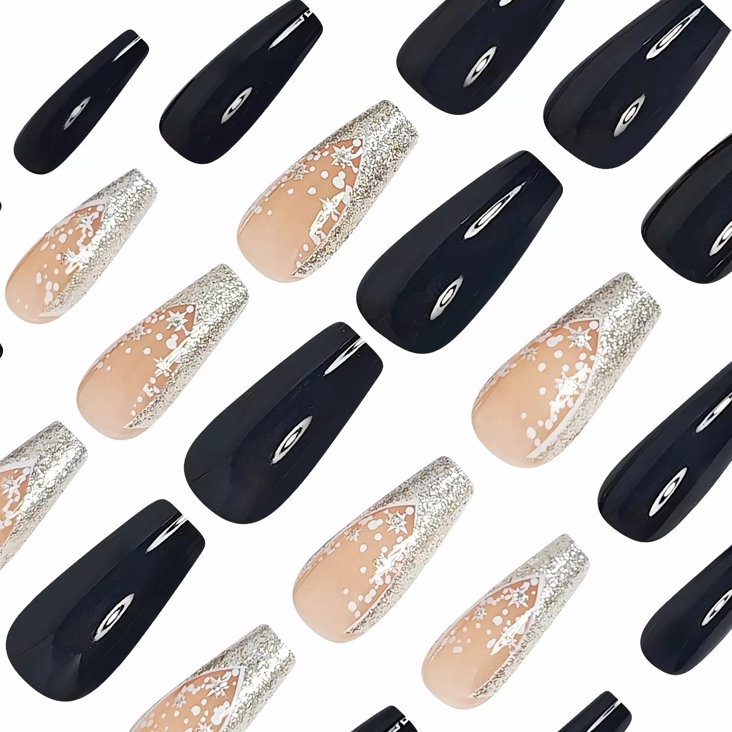 BABALAL Press on Nails Long Coffin Fake Nails Black Glue on Nails Glitter Bling Shine Acrylic Nails 24Pcs Ballerina Stick on Nail Supplies DIY Manicure Thick French Tip False Nail Art