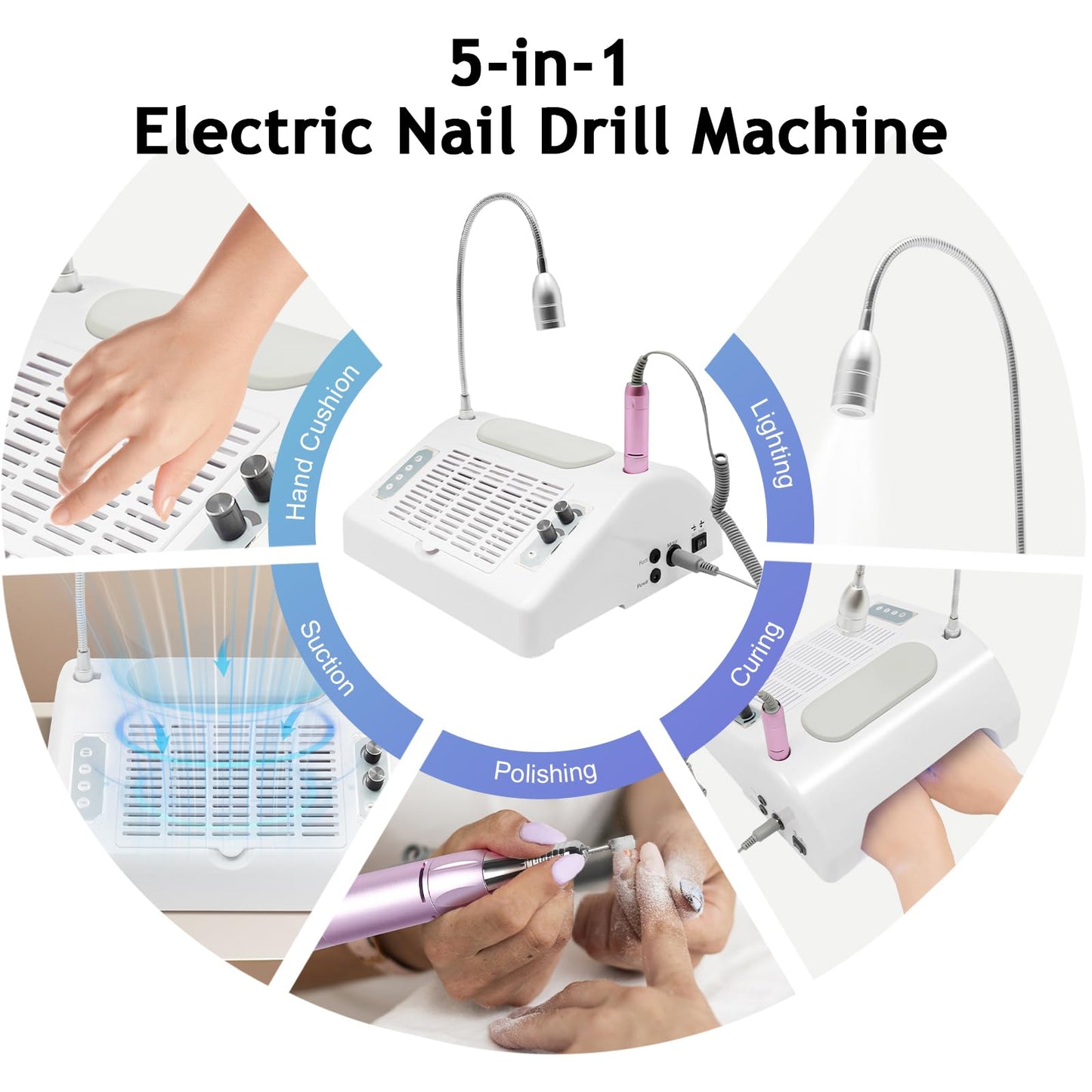 WINNIESHOP 5 in 1 Nail Lamp 30,000 RPM Electric Nail File with Nail Dust Collector, Grinding Head Suits , UV/LED Lamp & LED Desk Lamp Low Noise Professional Nail Drill Kit for Salon & Home (Style 1)