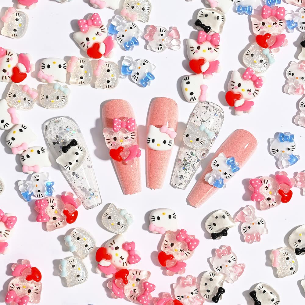 Kawaii Cartoon Cat Nail Charms 40Pcs Cute 3D Nail Art Charms Designs Cat Nail Jewelry Rhinestones Gems and Charms for Women DIY Manicure Decoration Accessories